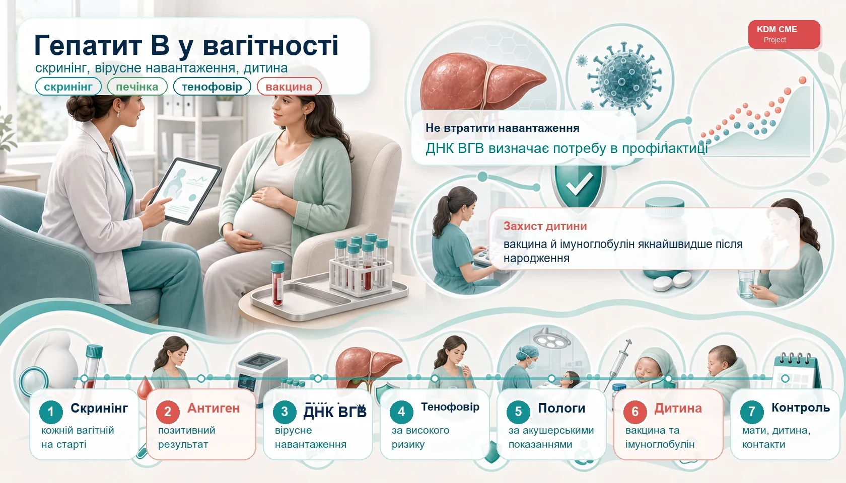 Медична інфографіка алгоритму гепатиту B у вагітності: консультація вагітної, поверхневий антиген, ДНК ВГВ, вірусне навантаження, оцінка печінки, тенофовір за показаннями, пологи, вакцина, імуноглобулін, контроль матері й дитини.