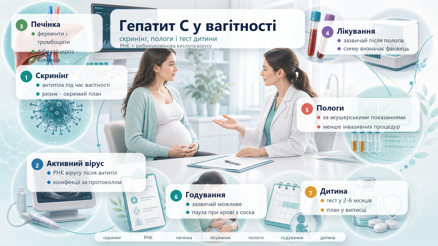 Інфографіка алгоритму гепатиту C у вагітності: антитіла, рибонуклеїнова кислота вірусу, печінкові проби, лікування після пологів, акушерські показання до пологів, уникання інвазивних процедур, грудне вигодовування і тестування дитини.