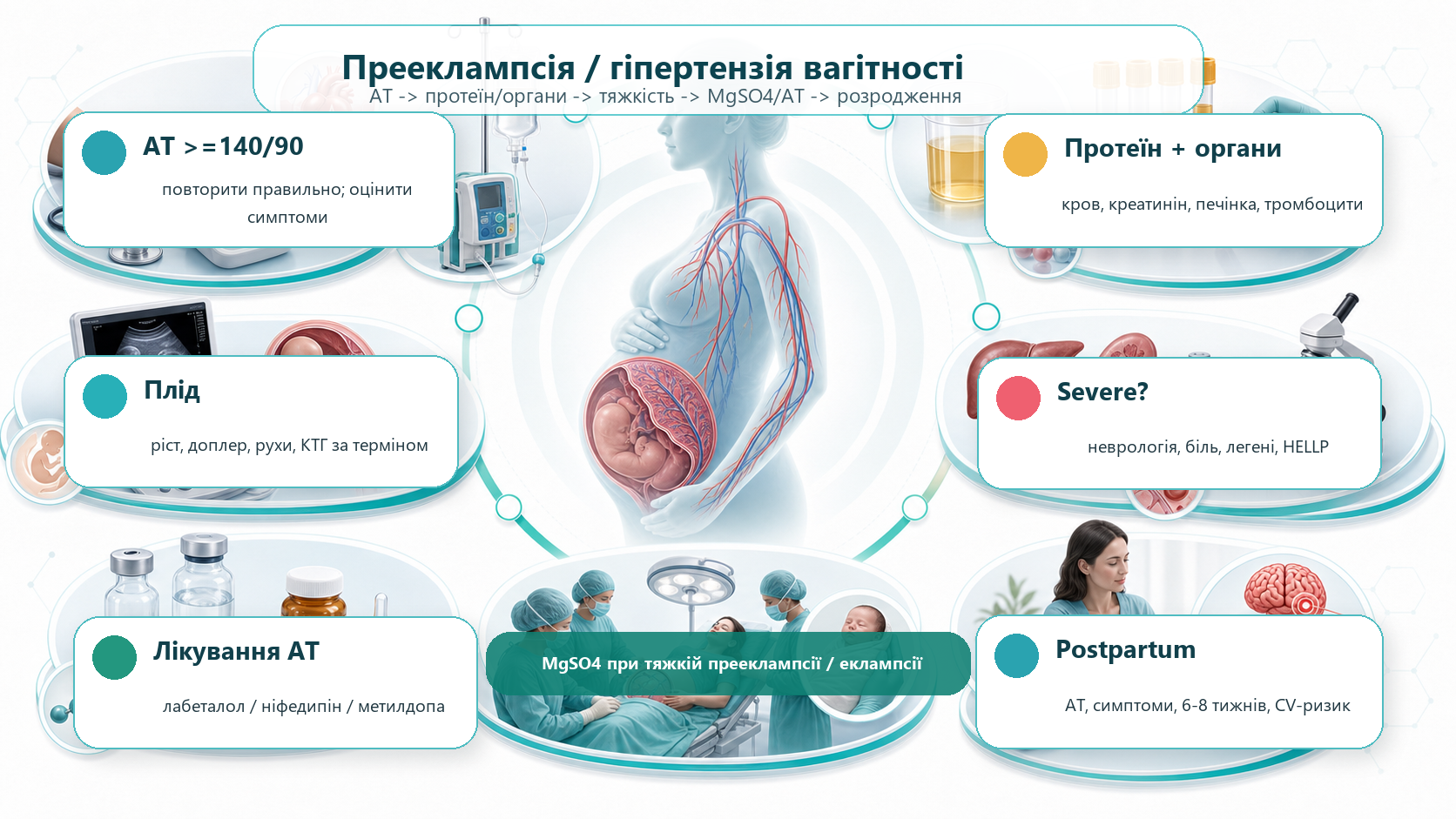 Hypertensive disorders of pregnancy and pre-eclampsia clinical pathway infographic: blood pressure, proteinuria, organ signs, fetal surveillance, magnesium sulfate, antihypertensive treatment, delivery planning and postpartum follow-up.