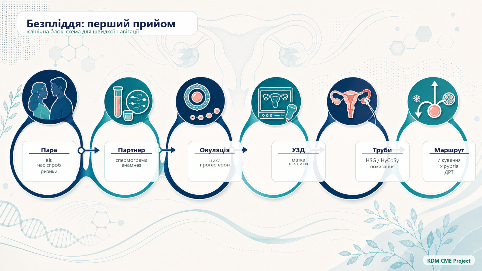 Infertility clinical pathway infographic: couple history, male factor, ovulation, uterus, tubes and treatment route.