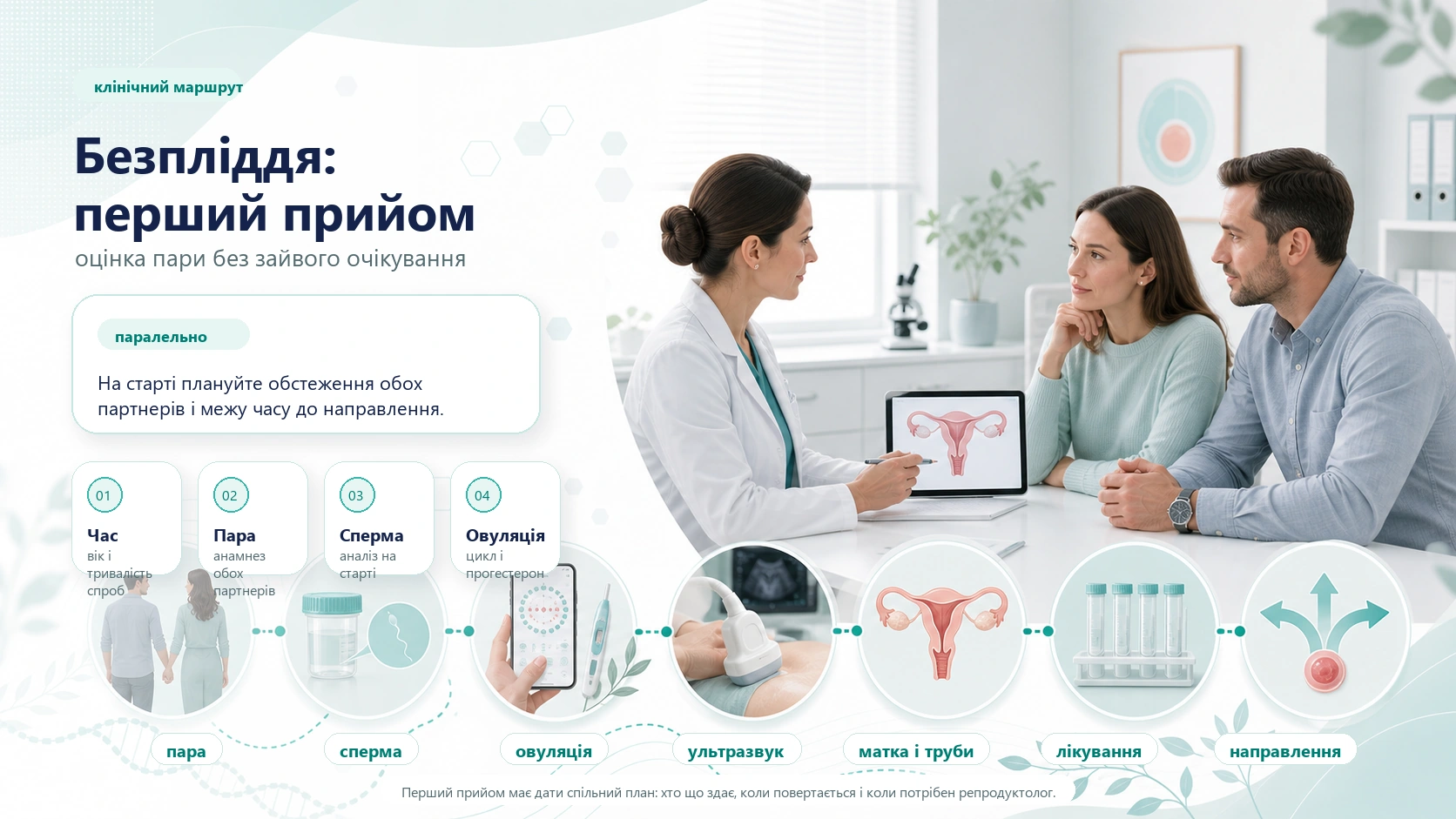 Інфографіка алгоритму безпліддя на первинному прийомі: оцінка пари, час спроб, анамнез обох партнерів, чоловічий фактор, овуляція, ультразвукове дослідження, матка і труби, лікування та направлення.
