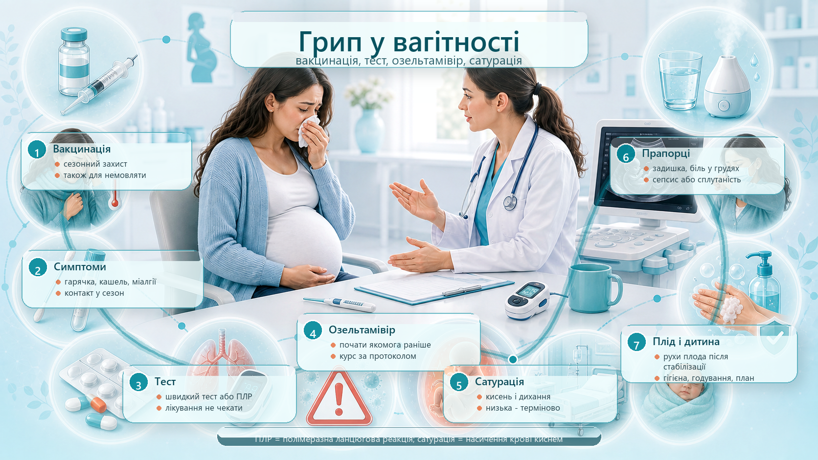 Інфографіка алгоритму грипу у вагітності: вакцинація, симптоми, тестування, озельтамівір, насичення крові киснем, червоні прапорці, рухи плода, пологи і новонароджений.