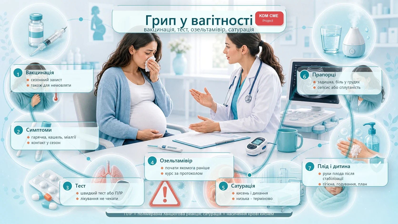 Інфографіка алгоритму грипу у вагітності: вакцинація, симптоми, тестування, озельтамівір, насичення крові киснем, червоні прапорці, рухи плода, пологи і новонароджений.