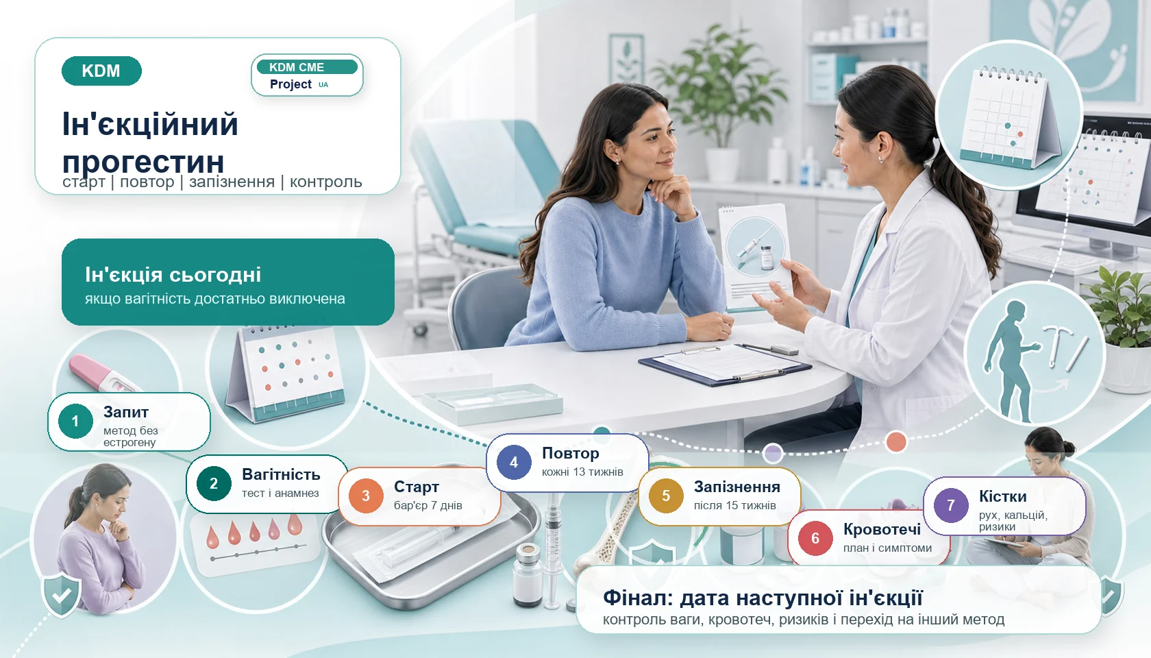 Медична інфографіка алгоритму ін’єкційного прогестину: консультація щодо депо медроксипрогестерону ацетату, виключення вагітності тестом і анамнезом, перша ін’єкція в день звернення, бар’єрний захист на 7 днів за показами, повтор кожні 13 тижнів, оцінка запізнення після 15 тижнів, кровотечі й аменорея, післяпологовий період і лактація, кісткова безпека, вага, здоровий спосіб життя і перехід на інший метод.