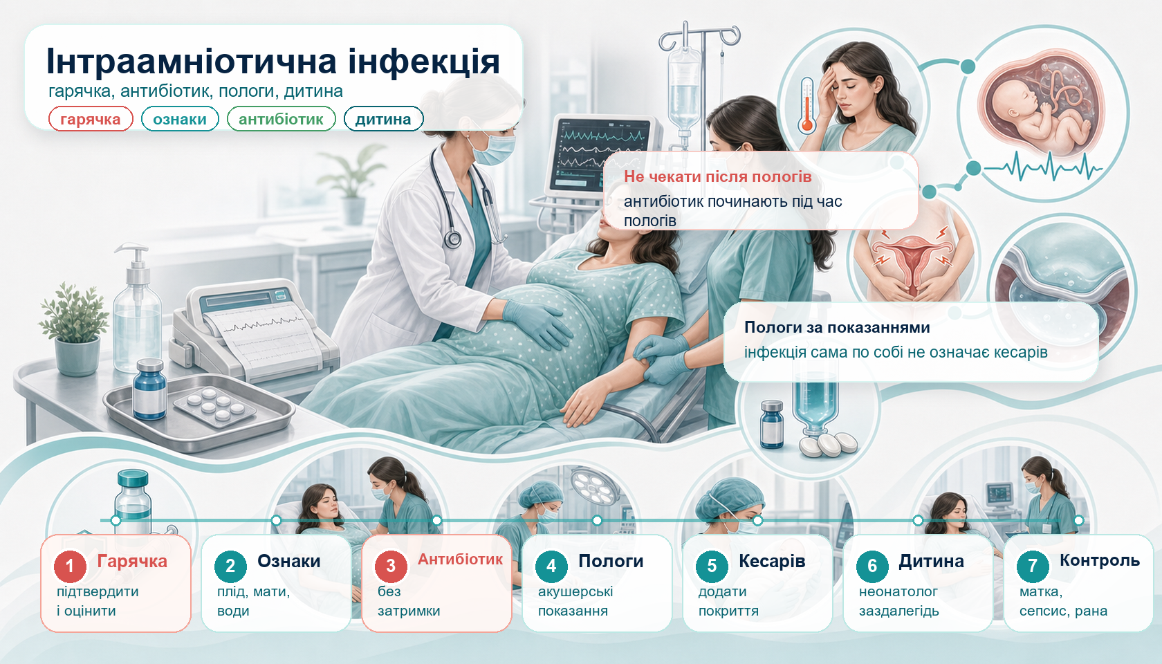Медична інфографіка алгоритму інтраамніотичної інфекції: пологовий блок, гарячка, тахікардія плода, болюча матка, навколоплідні води, антибіотик під час пологів, парацетамол, спосіб пологів, неонатолог і післяпологовий контроль.