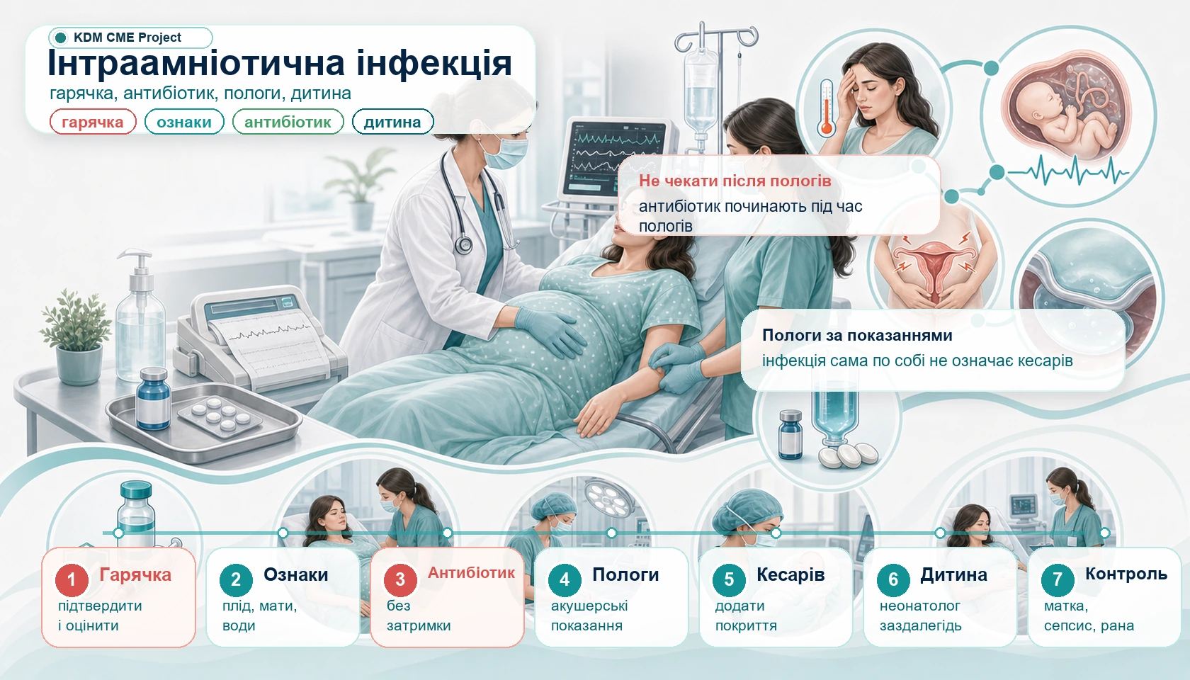 Медична інфографіка алгоритму інтраамніотичної інфекції: пологовий блок, гарячка, тахікардія плода, болюча матка, навколоплідні води, антибіотик під час пологів, парацетамол, спосіб пологів, неонатолог і післяпологовий контроль.