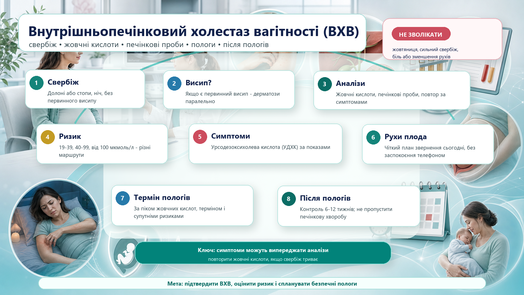 Інфографіка алгоритму свербежу вагітних і внутрішньопечінкового холестазу вагітності: свербіж долонь або стоп без первинного висипу, дерматози у диференціальній діагностиці, жовчні кислоти, печінкові проби, рівні ризику, урсодезоксихолева кислота за показами, повторні аналізи, план безпеки рухів плода, термін пологів і післяпологовий контроль.
