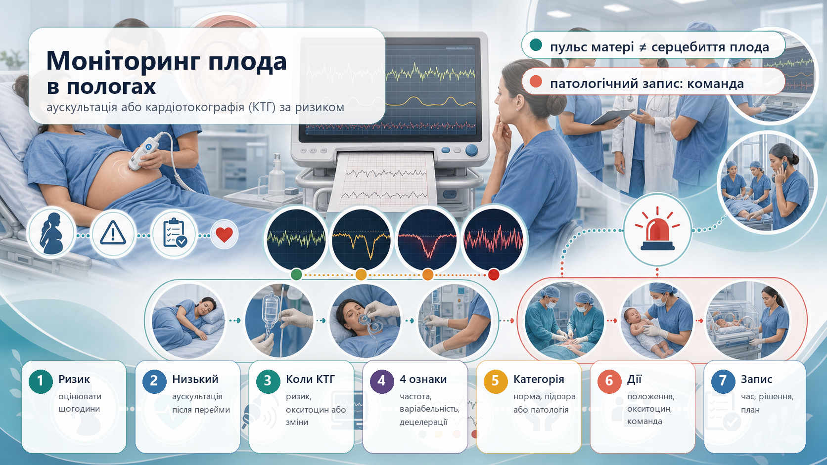 Інфографіка алгоритму інтранатального моніторингу плода: щогодинна оцінка ризику, низький ризик - періодична аускультація, ризик або зміни - кардіотокографія, оцінка скорочень, базальної частоти серцебиття, варіабельності та децелерацій, категорії нормальна, підозріла, патологічна, перевірка материнського пульсу, команда та ескалація.