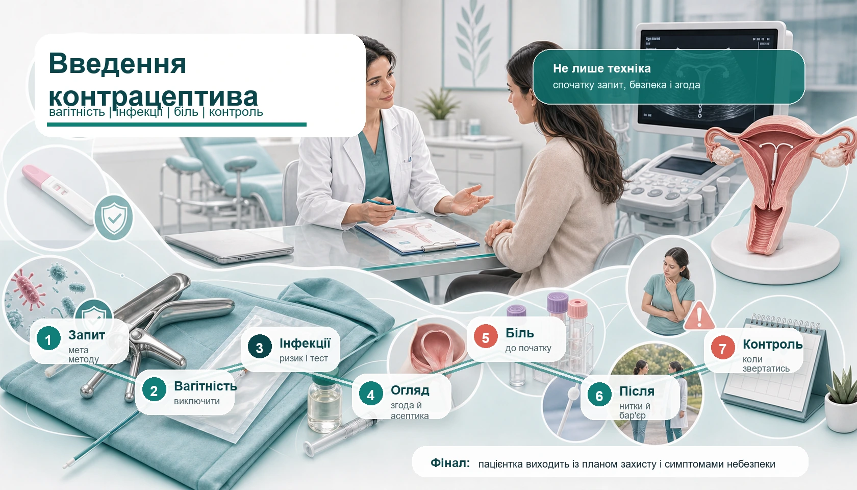 Медична інфографіка алгоритму введення внутрішньоматкового контрацептива: консультація перед процедурою, тест і анамнез для виключення вагітності, оцінка інфекційного ризику, скринінг без зайвого відкладання, огляд, згода, асептика, знеболення до початку, стерильний набір, ультразвукова оцінка за показами, контроль ниток, бар’єрний захист, симптоми небезпеки і маршрут звернення.