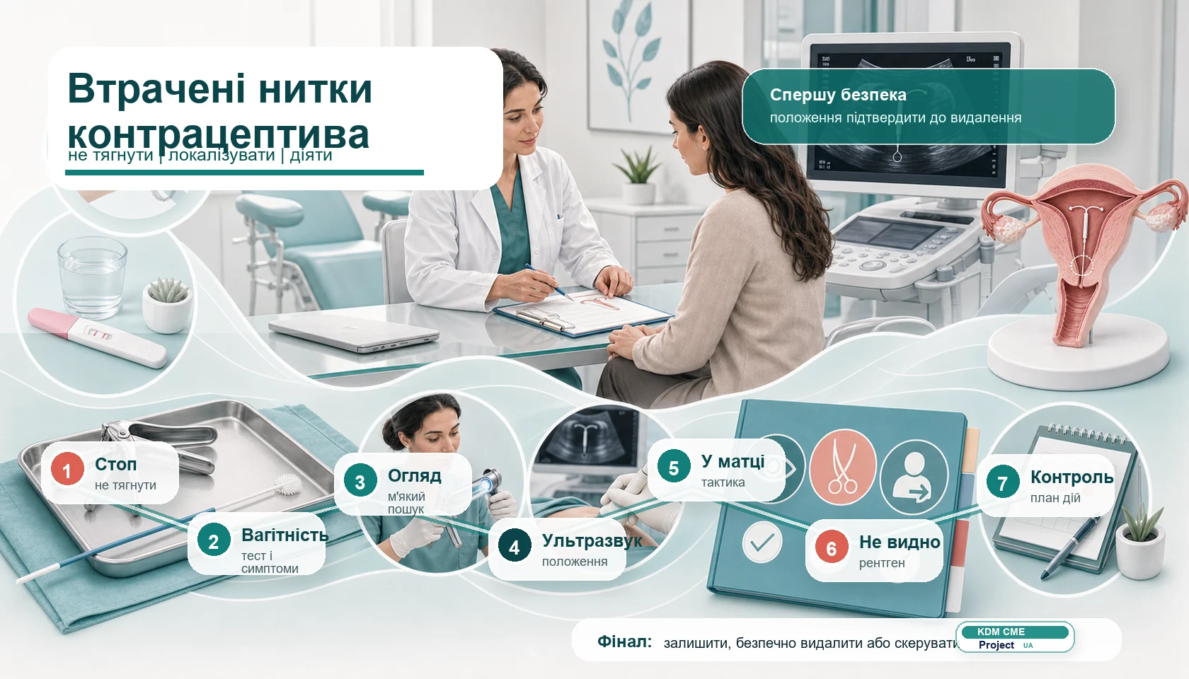 Медична інфографіка алгоритму при втрачених нитках внутрішньоматкового контрацептива: не тягнути і не інструментувати матку наосліп, оцінити вагітність, біль і кровотечу, провести огляд у дзеркалах і м’який пошук ниток у каналі шийки, підтвердити положення ультразвуком, використати рентген за потреби, обрати спостереження, безпечне видалення або скерування.