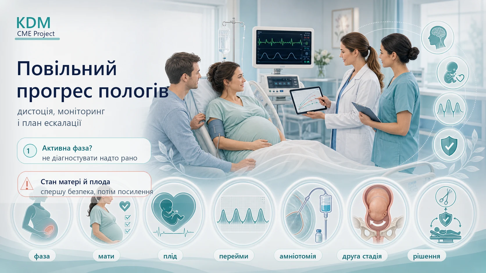 Інфографіка алгоритму повільного прогресу пологів і дистоції: активна фаза, стан матері, стан плода, перейми, амніотомія, окситоцин, друга стадія, кесарів розтин, вакуум або щипці.