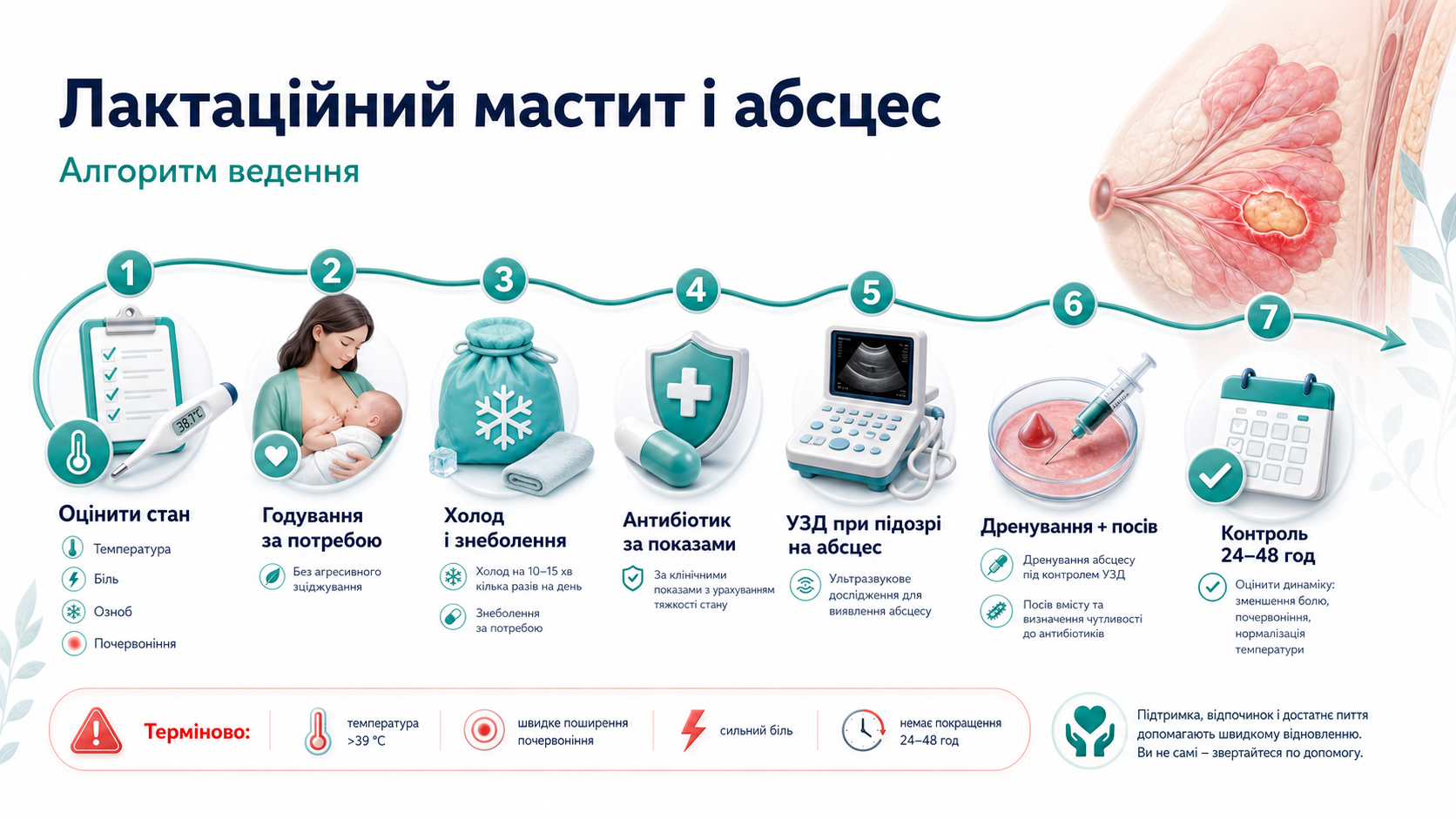 Інфографіка алгоритму лактаційного маститу і абсцесу молочної залози: оцінка стану, годування за потребою без агресивного зціджування, холод і знеболення, антибіотик за показами, ультразвукове дослідження при підозрі на абсцес, дренування, посів і контроль через 24-48 годин.