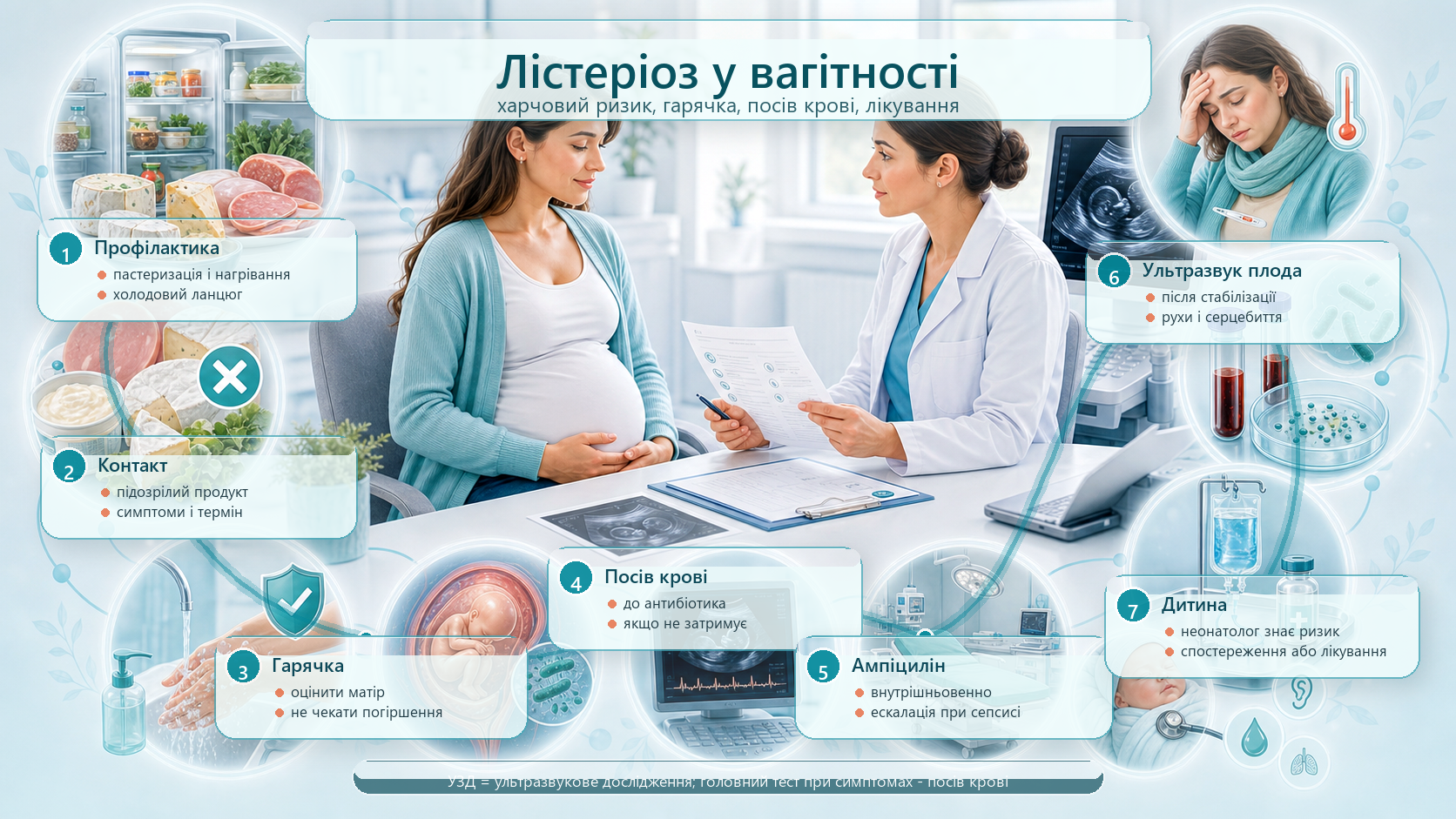Інфографіка алгоритму лістеріозу у вагітності: профілактика, контакт із ризиковою їжею, лихоманка, посів крові, ампіцилін, ультразвукове дослідження плода, пологи і новонароджений.