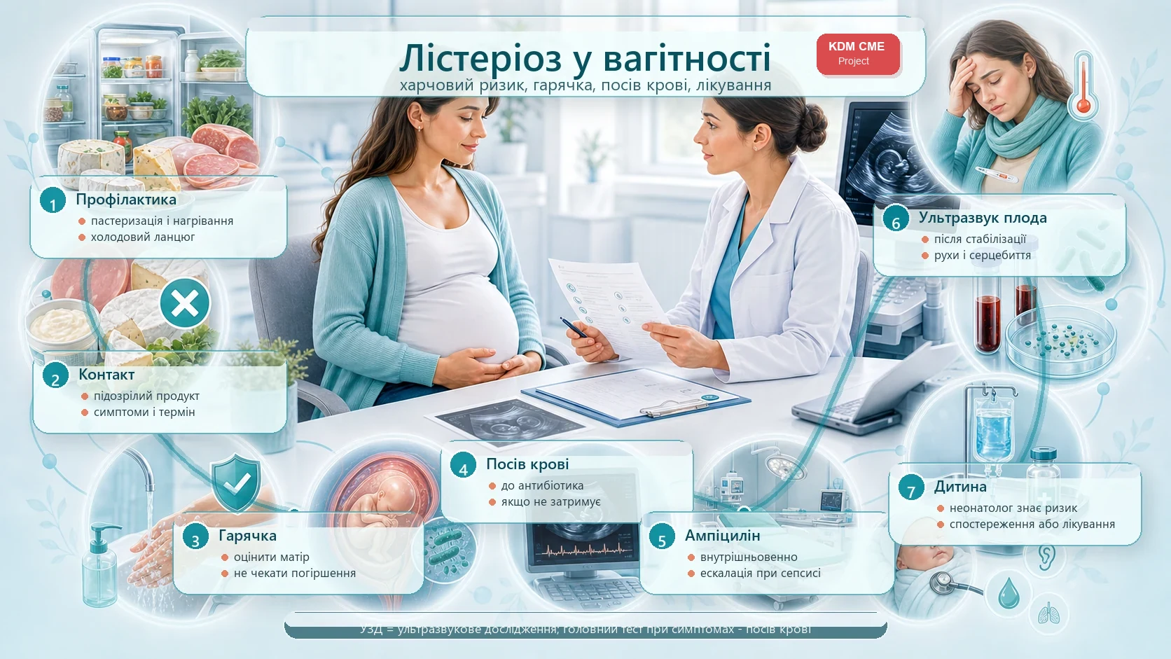 Інфографіка алгоритму лістеріозу у вагітності: профілактика, контакт із ризиковою їжею, лихоманка, посів крові, ампіцилін, ультразвукове дослідження плода, пологи і новонароджений.