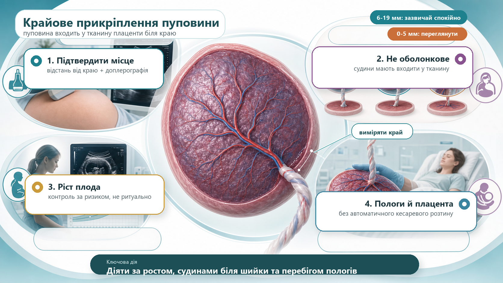 Інфографіка алгоритму крайового прикріплення пуповини: центральна плацента з пуповиною, яка входить у тканину плаценти біля краю, ультразвукове дослідження і кольорова доплерографія для підтвердження місця прикріплення, вимірювання відстані від краю, порівняння центрального, крайового та оболонкового прикріплення, контроль росту плода у третьому триместрі за ризиком, пологи без автоматичного кесаревого розтину і післяпологовий огляд плаценти та пуповини.