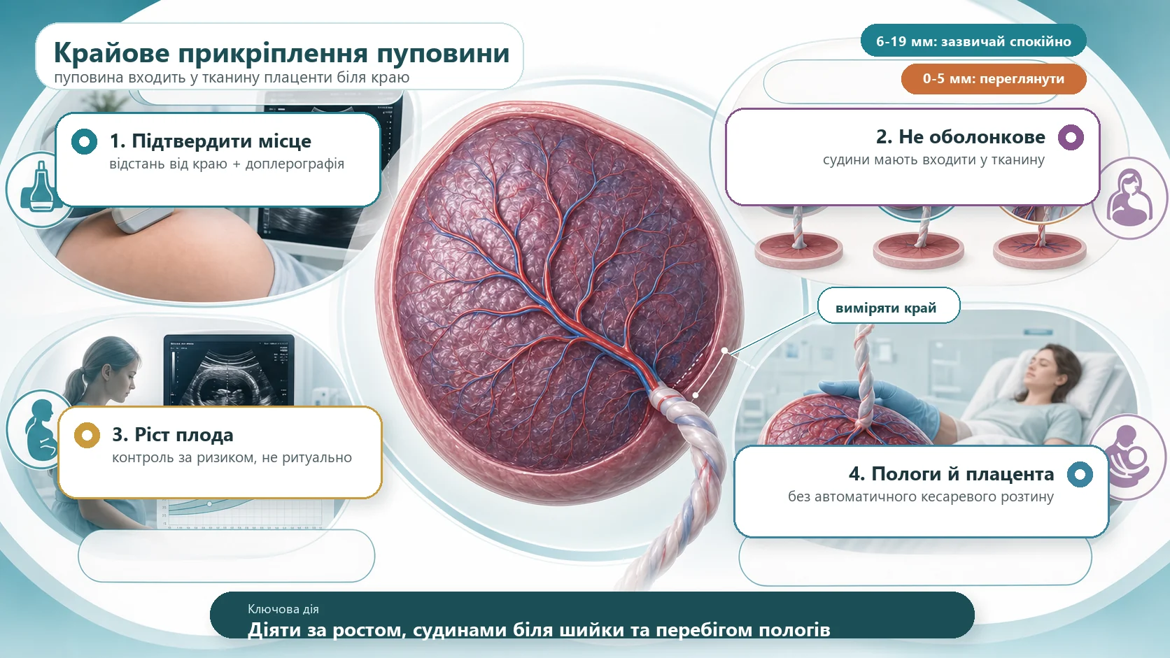 Інфографіка алгоритму крайового прикріплення пуповини: центральна плацента з пуповиною, яка входить у тканину плаценти біля краю, ультразвукове дослідження і кольорова доплерографія для підтвердження місця прикріплення, вимірювання відстані від краю, порівняння центрального, крайового та оболонкового прикріплення, контроль росту плода у третьому триместрі за ризиком, пологи без автоматичного кесаревого розтину і післяпологовий огляд плаценти та пуповини.