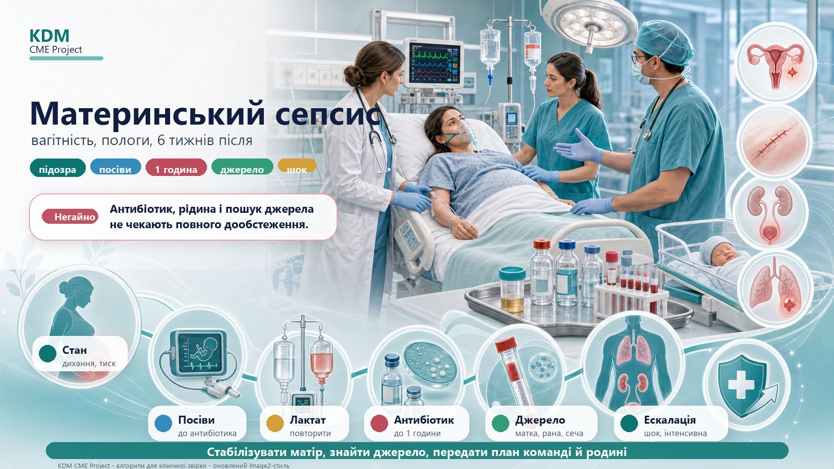 Інфографіка алгоритму материнського сепсису у вагітності, пологах і протягом шести тижнів після пологів: підозра на інфекцію, погіршення стану, лихоманка або гіпотермія, тахікардія, гіпотензія, зміни свідомості, ABCDE-оцінка, сатурація кисню, артеріальний тиск, пульс, лактат, загальний аналіз крові, креатинін, посіви до антибіотика, антибіотик протягом однієї години, внутрішньовенна рідина, кисень, контроль діурезу, джерело інфекції матка рана нирки легені груди аборт залишки тканин, контроль джерела, септичний шок, відділення інтенсивної терапії, вазопресор, акушерська й анестезіологічна команда, оцінка плода після стабілізації матері та план безпеки.