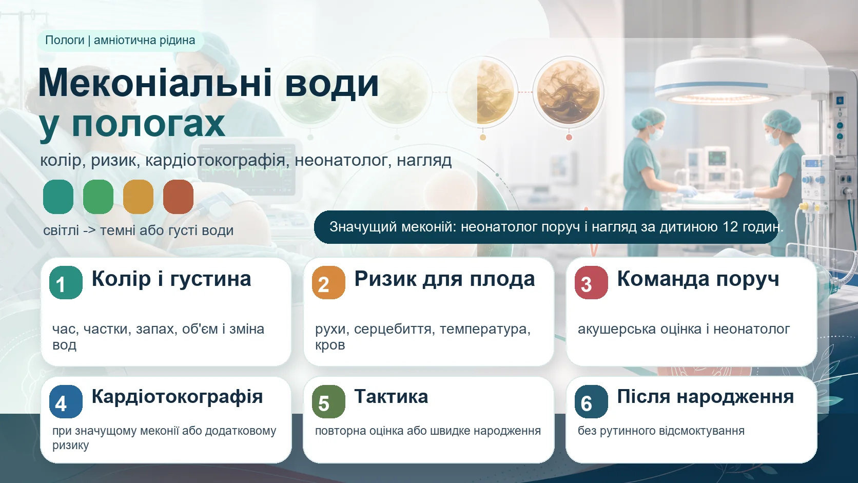 Інфографіка алгоритму меконіальних вод у пологах: колір і густина вод, оцінка ризику, кардіотокографія, акушерська допомога, неонатолог, відсутність рутинного відсмоктування і нагляд за новонародженим 12 годин.