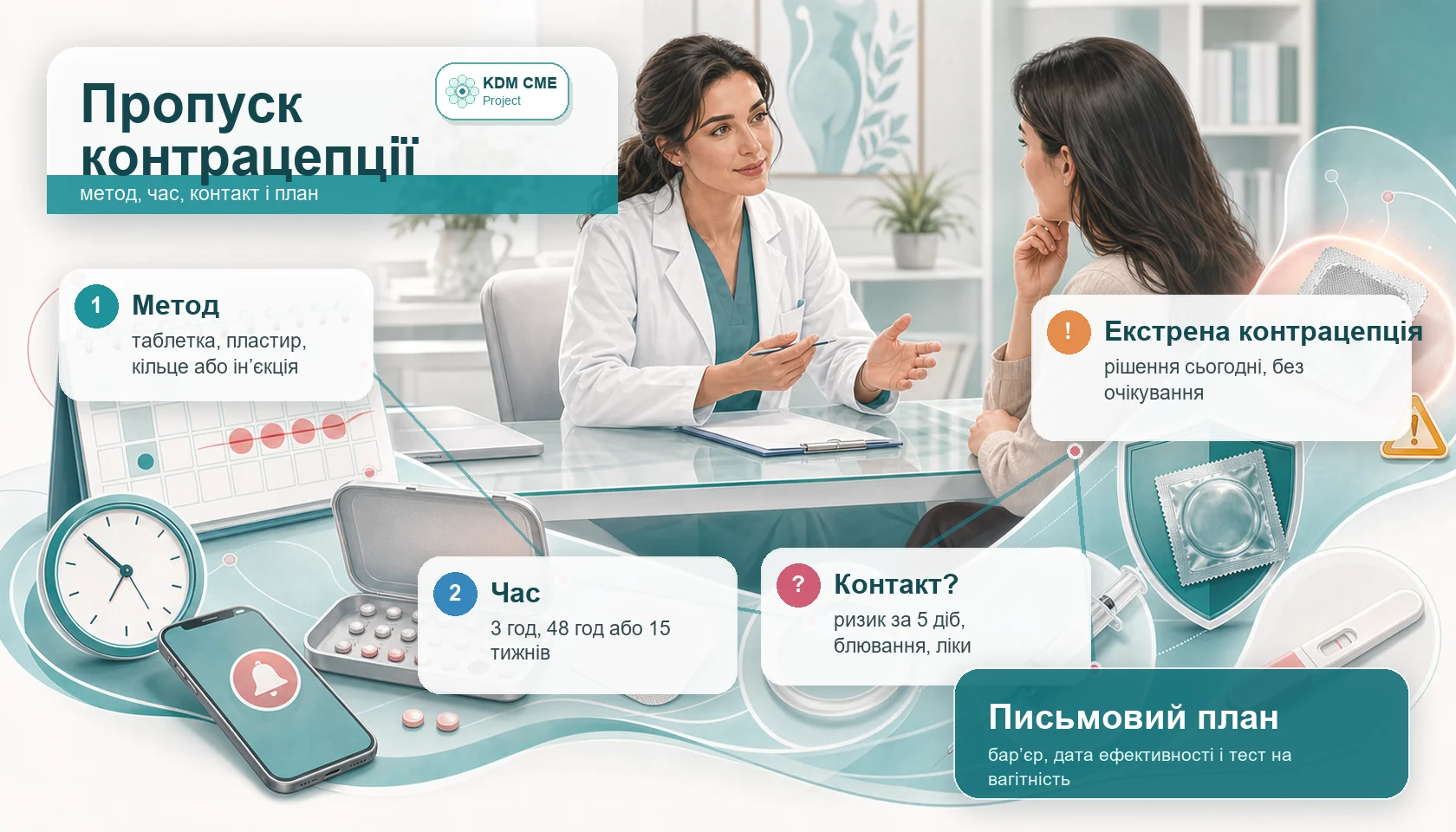 Медична інфографіка алгоритму при пропуску або запізненні контрацепції: консультація після пропущеної таблетки, затримки пластиру, вагінального кільця чи ін’єкційного прогестину, визначення методу, підрахунок годин і днів, оцінка незахищеного контакту за 5 діб, рішення щодо екстреної контрацепції, бар’єрний захист, дата відновлення ефективності і тест на вагітність.