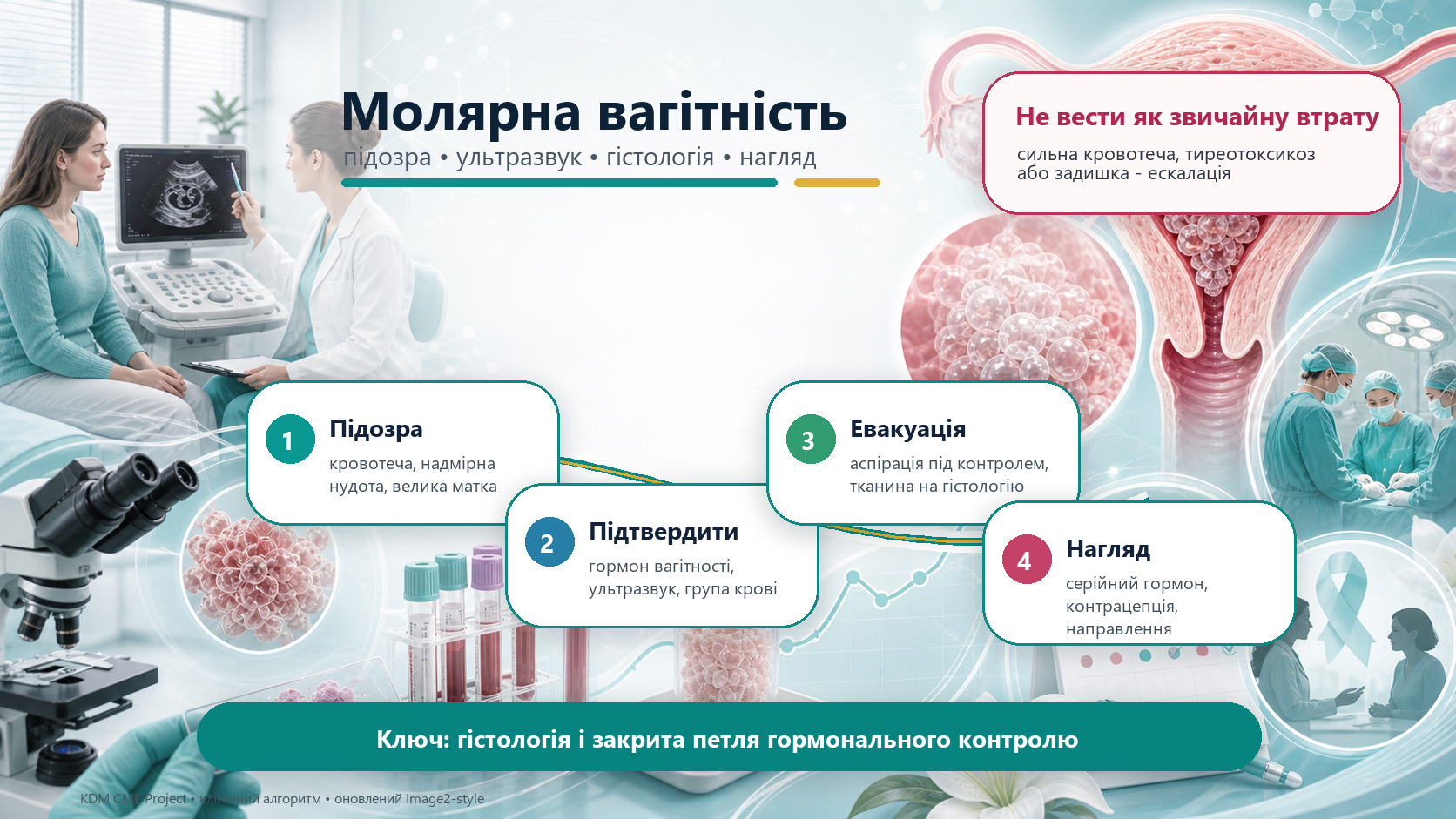 Інфографіка алгоритму молярної вагітності і гестаційної трофобластичної хвороби: кровотеча ранньої вагітності, високий хоріонічний гонадотропін людини, ультразвукове дослідження, повний або частковий міхуровий занесок, безпечна евакуація, гістологія, серійний гормональний контроль, контрацепція під час нагляду і направлення при плато, рості гормону або метастатичних ознаках.