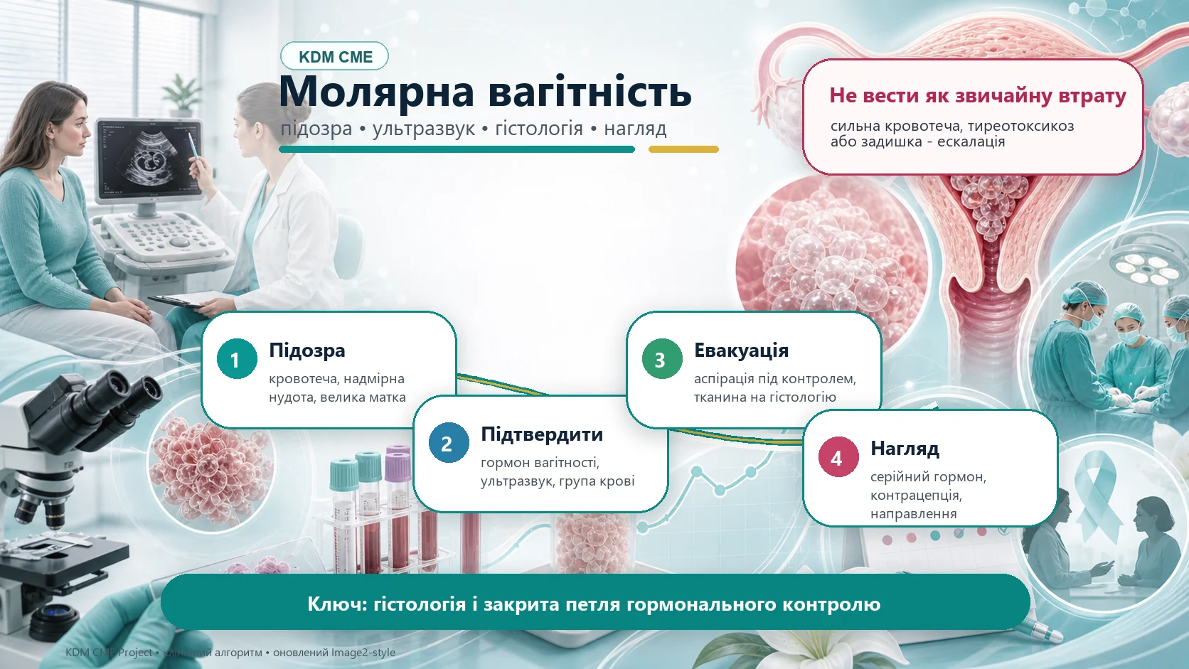 Інфографіка алгоритму молярної вагітності і гестаційної трофобластичної хвороби: кровотеча ранньої вагітності, високий хоріонічний гонадотропін людини, ультразвукове дослідження, повний або частковий міхуровий занесок, безпечна евакуація, гістологія, серійний гормональний контроль, контрацепція під час нагляду і направлення при плато, рості гормону або метастатичних ознаках.