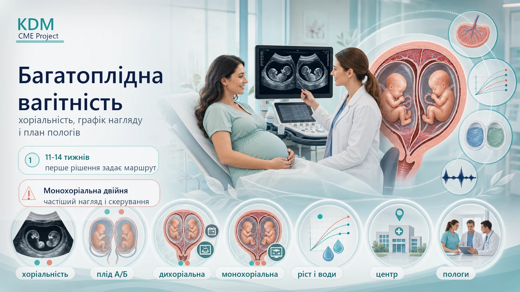 Інфографіка алгоритму багатоплідної вагітності: визначення хоріальності й амніальності у 11-14 тижнів, позначення плодів А і Б, графік ультразвукового нагляду для дихоріальної та монохоріальної двійні, оцінка росту і вод, скерування до фетальної медицини та план пологів за хоріальністю.