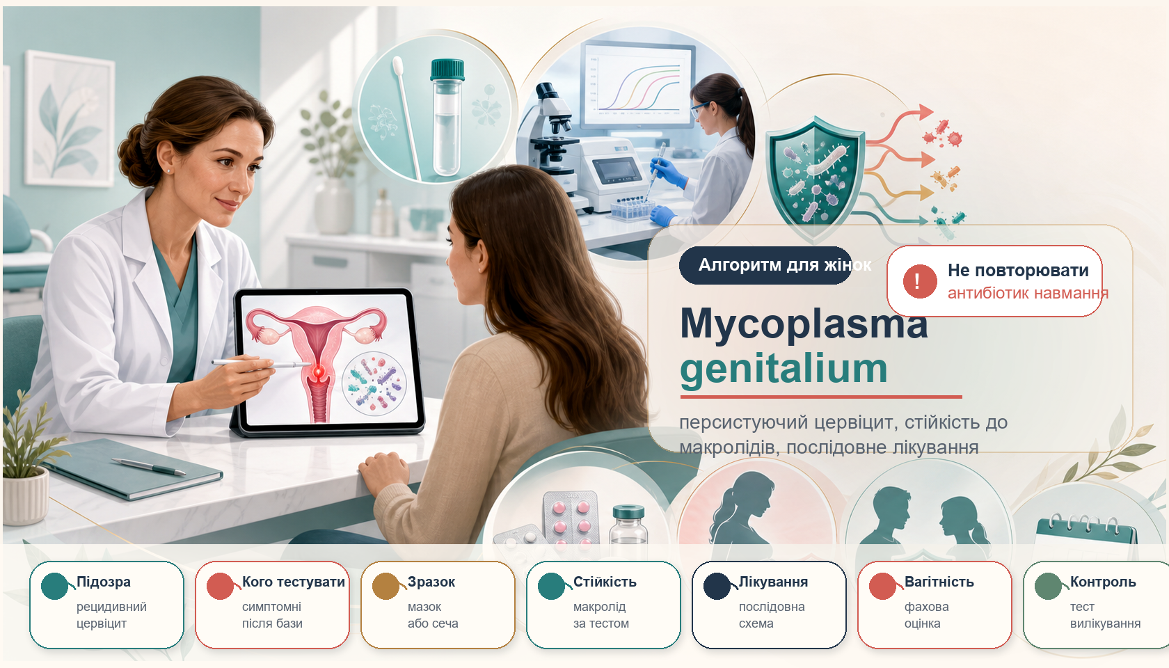 Інфографіка алгоритму Mycoplasma genitalium у жінок: підозра, кого тестувати, зразок, резистентність, послідовне лікування, партнери і контроль.