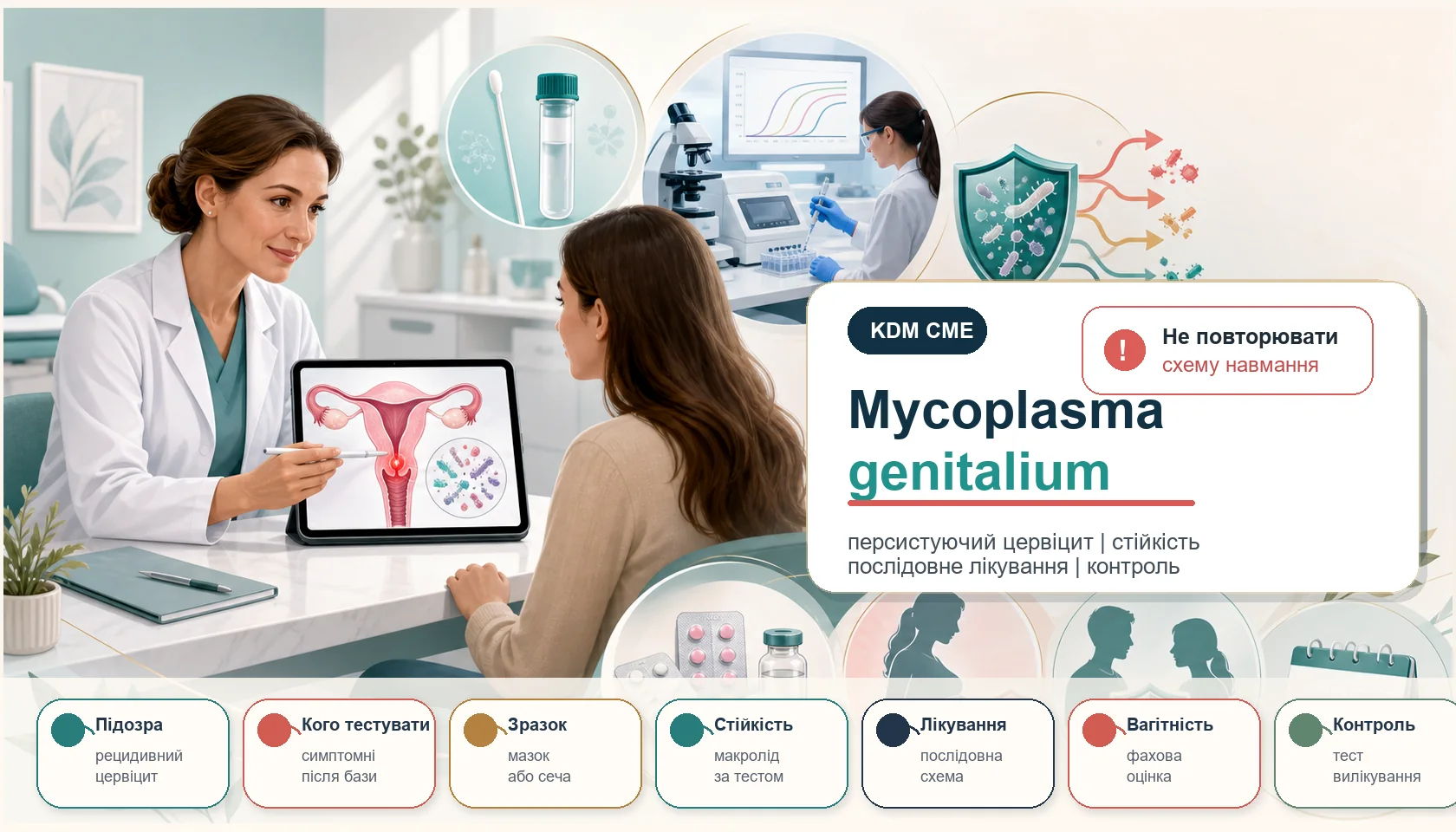 Медична інфографіка алгоритму Mycoplasma genitalium у жінок: консультація при персистуючому або рецидивному цервіциті, модель матки та шийки матки, вагінальний або цервікальний зразок, молекулярна діагностика, оцінка стійкості до макролідів, послідовне лікування, вагітність, партнерський маршрут і контроль вилікування.