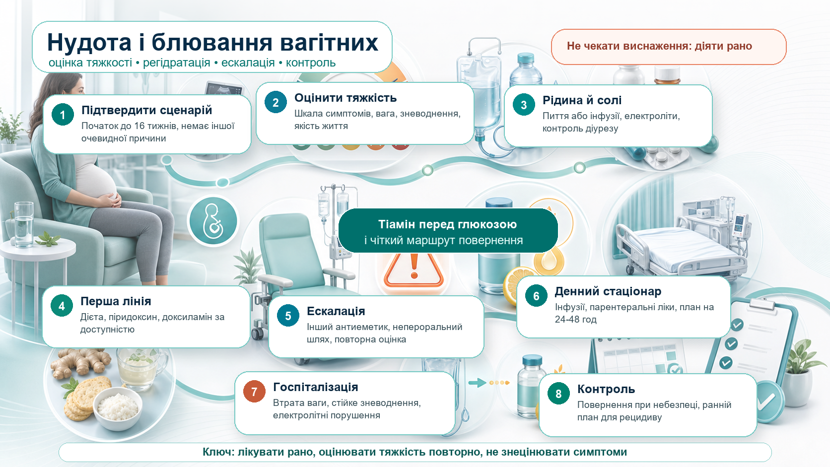 Інфографіка алгоритму нудоти, блювання вагітних і гіперемезису: підтвердити ранній початок симптомів, оцінити тяжкість за шкалою симптомів, вагу і зневоднення, відновити рідину та електроліти, почати дієтичну підтримку, піридоксин і доксиламін за доступністю, ескалувати антиеметики, використати денний стаціонар або госпіталізацію, дати тіамін перед глюкозою і план контролю.