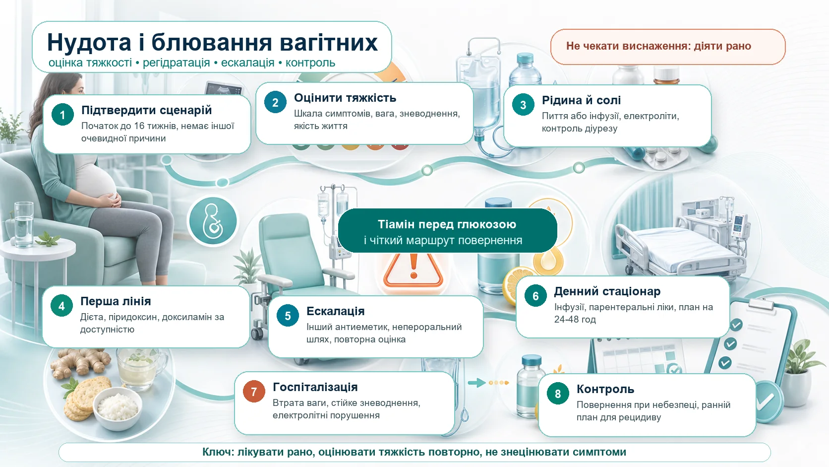 Інфографіка алгоритму нудоти, блювання вагітних і гіперемезису: підтвердити ранній початок симптомів, оцінити тяжкість за шкалою симптомів, вагу і зневоднення, відновити рідину та електроліти, почати дієтичну підтримку, піридоксин і доксиламін за доступністю, ескалувати антиеметики, використати денний стаціонар або госпіталізацію, дати тіамін перед глюкозою і план контролю.