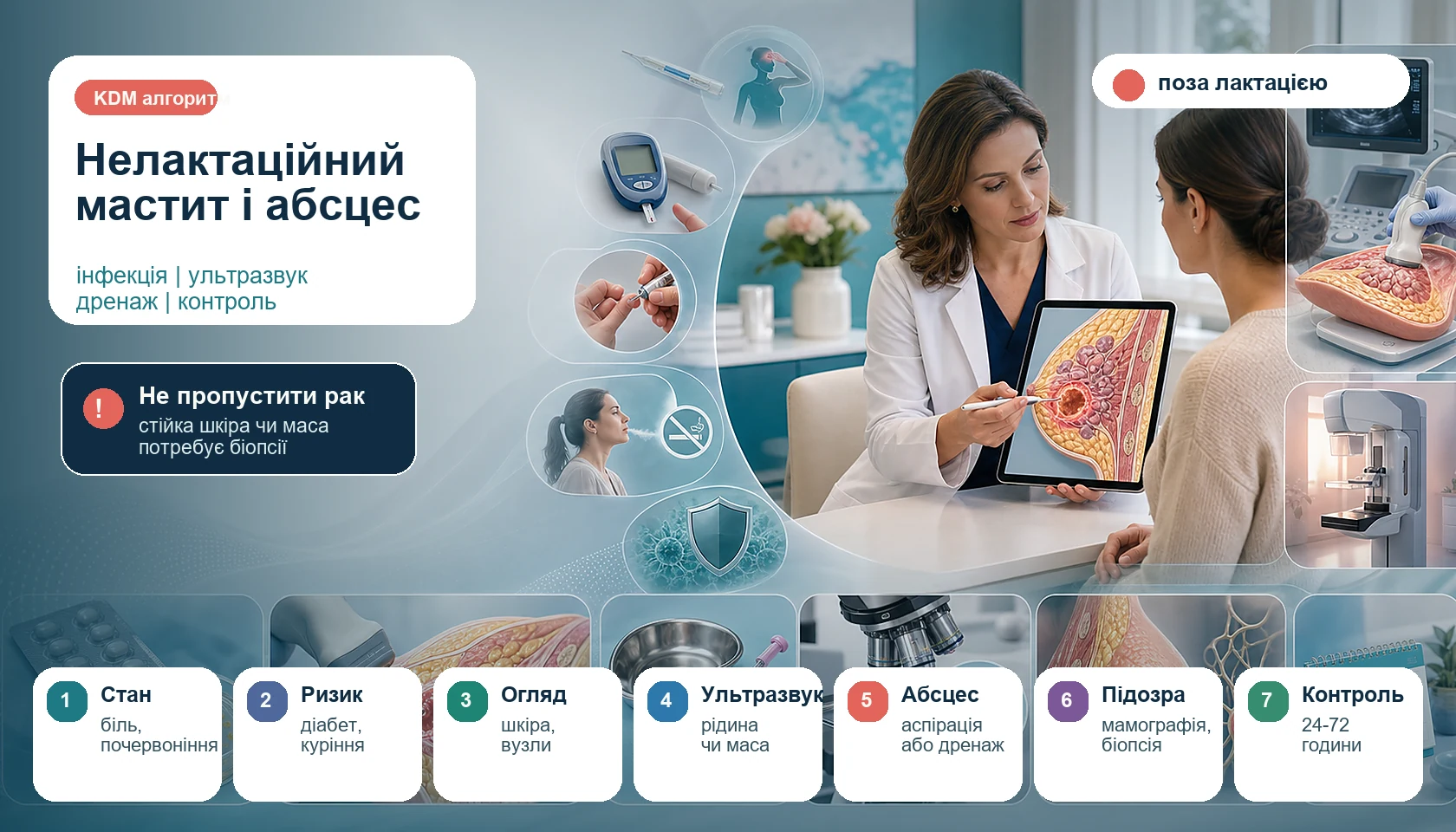 Медична інфографіка алгоритму нелактаційного маститу і абсцесу молочної залози: консультація пацієнтки поза лактацією, почервоніння, болюче ущільнення, оцінка системних симптомів, цукрового діабету, куріння та імунодефіциту, ультразвукове дослідження, антибіотик, аспірація або дренування абсцесу, діагностична мамографія за віком, біопсія при стійкому перебігу і контроль, щоб не пропустити запальний рак молочної залози.