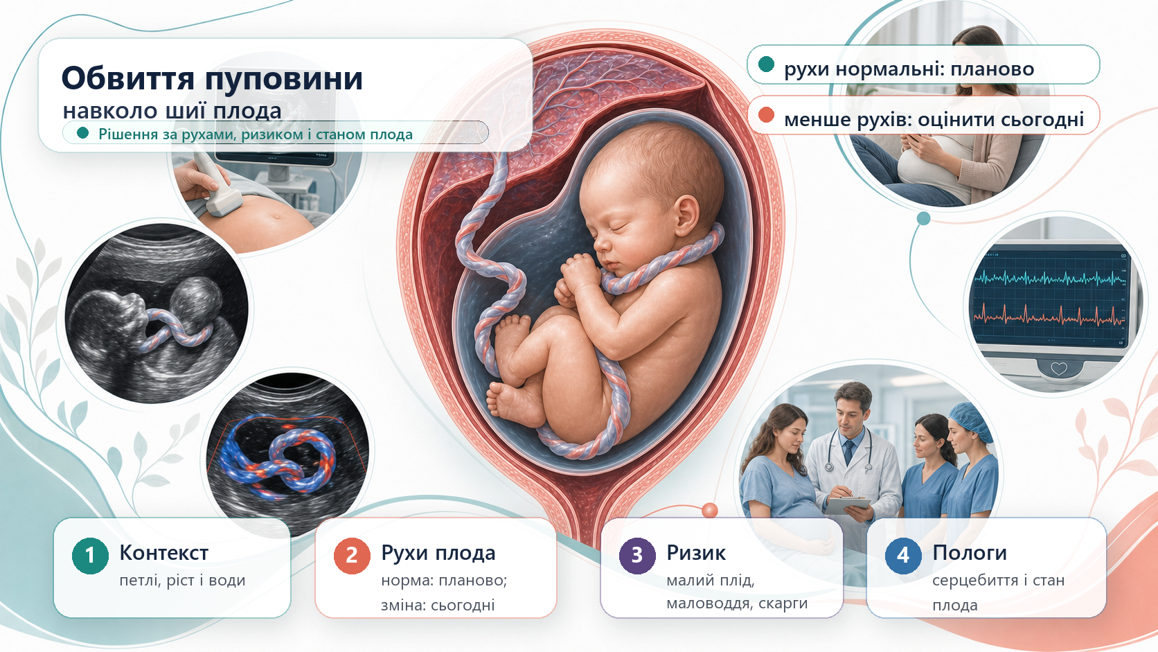 Інфографіка алгоритму обвиття пуповини навколо шиї плода: центральна анатомія матки, плода, плаценти і петлі пуповини навколо шиї, ультразвукове дослідження для підтвердження контексту, нормальні рухи плода як маршрут заспокоєння без планових пологів лише через обвиття, зменшення рухів або скарги як привід оцінити стан плода сьогодні, кардіотокографія у пологах і безпечне ведення народження за станом матері та плода.