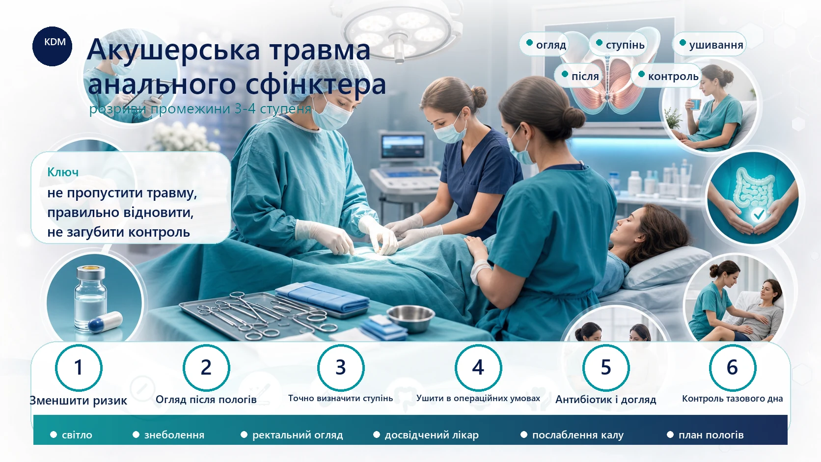 Медична інфографіка алгоритму акушерської травми анального сфінктера: делікатний післяпологовий огляд, точне визначення ступеня розриву промежини, відновлення в операційних умовах, антибіотик, послаблення калу, контроль тазового дна і план наступних пологів.