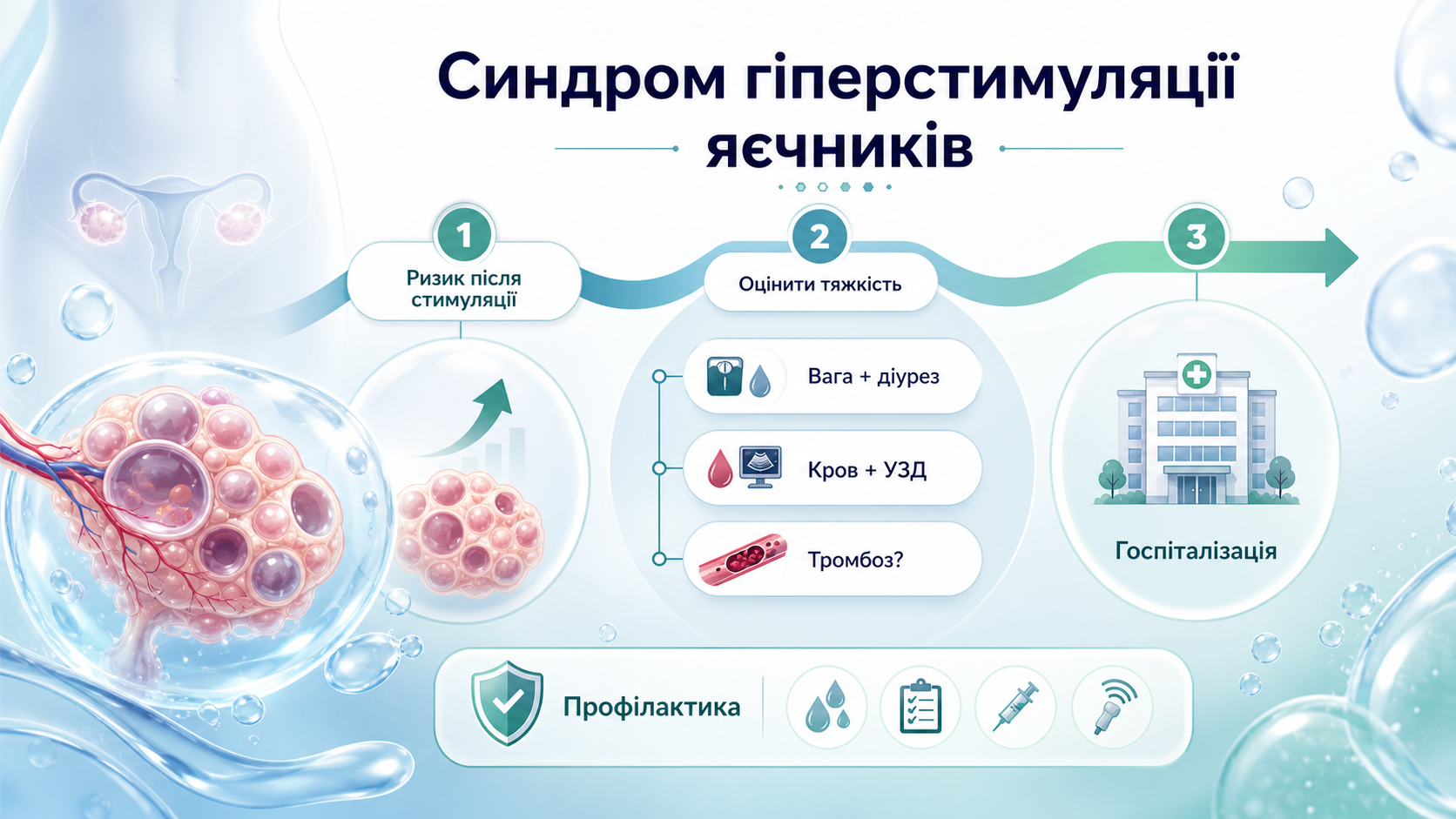 Інфографіка алгоритму синдрому гіперстимуляції яєчників: ризик після стимуляції, оцінка тяжкості, вага, діурез, аналізи крові, ультразвукове дослідження, тромбоз, госпіталізація і профілактика.