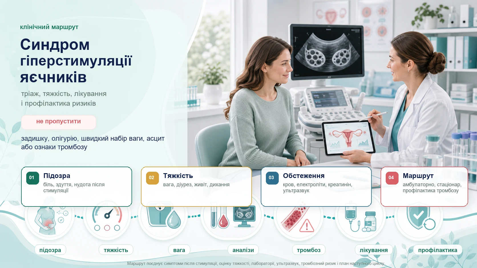 Інфографіка алгоритму синдрому гіперстимуляції яєчників: ризик після стимуляції, оцінка тяжкості, вага, діурез, аналізи крові, ультразвукове дослідження, тромбоз, госпіталізація і профілактика.