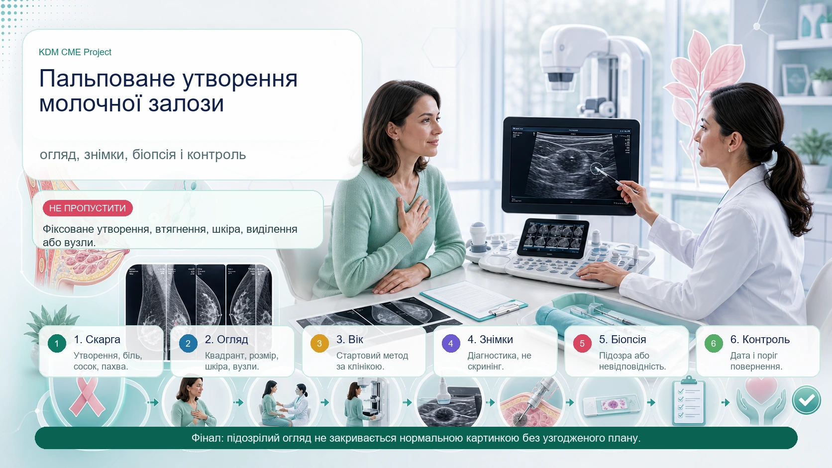 Медична інфографіка KDM CME Project для алгоритму пальпованого утворення молочної залози: клінічний огляд, симптоми небезпеки, вибір візуалізації за віком, ультразвукове дослідження, діагностична мамографія або томосинтез, трепан-біопсія при підозрі чи невідповідності, оцінка болю або виділень із соска і письмовий контроль.