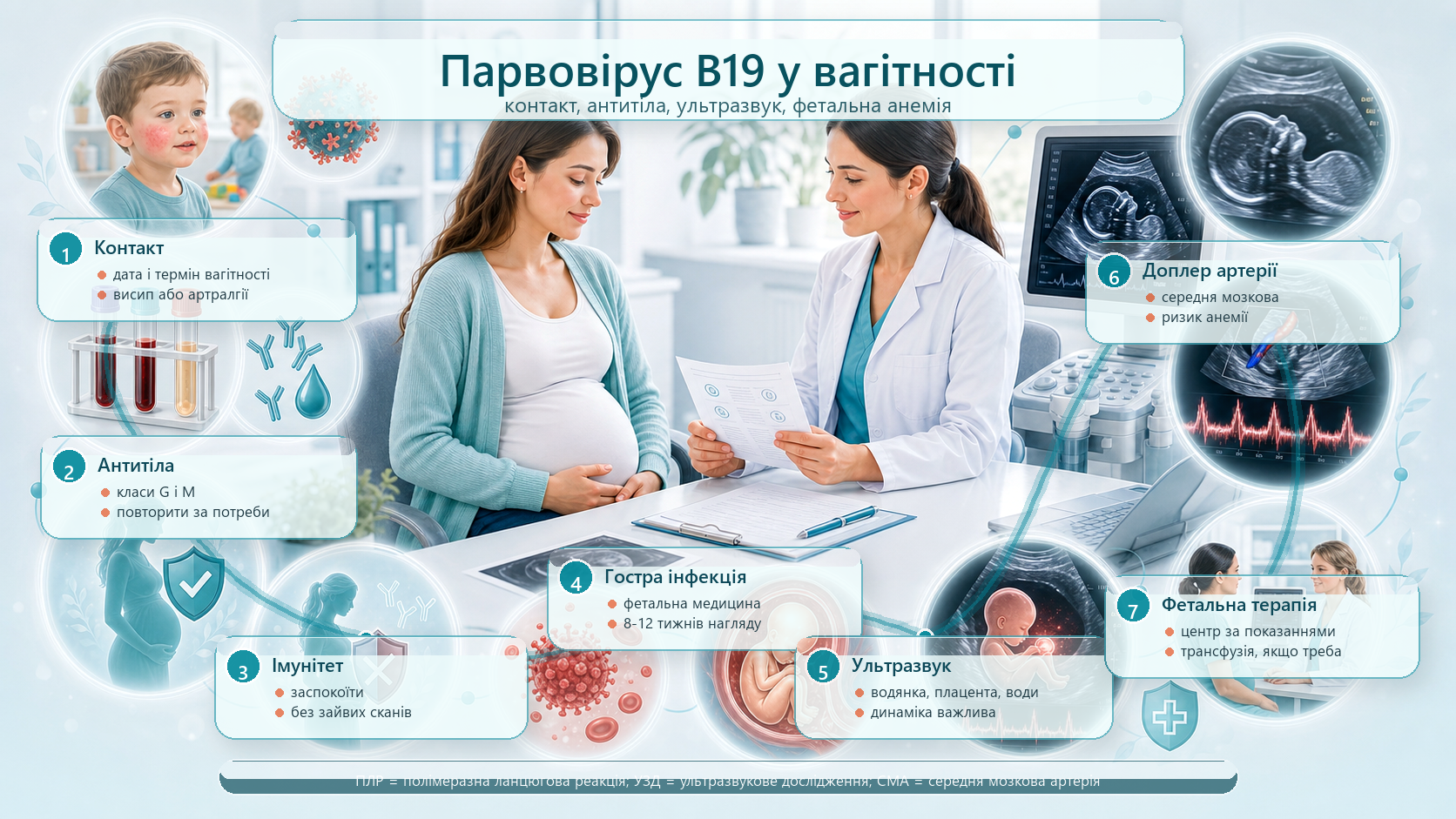 Інфографіка алгоритму парвовірусу B19 у вагітності: контакт або симптоми, антитіла класів G і M, імунна або неімунна вагітна, гостра інфекція, ультразвукове дослідження, доплер середньої мозкової артерії, анемія плода і фетальна терапія.
