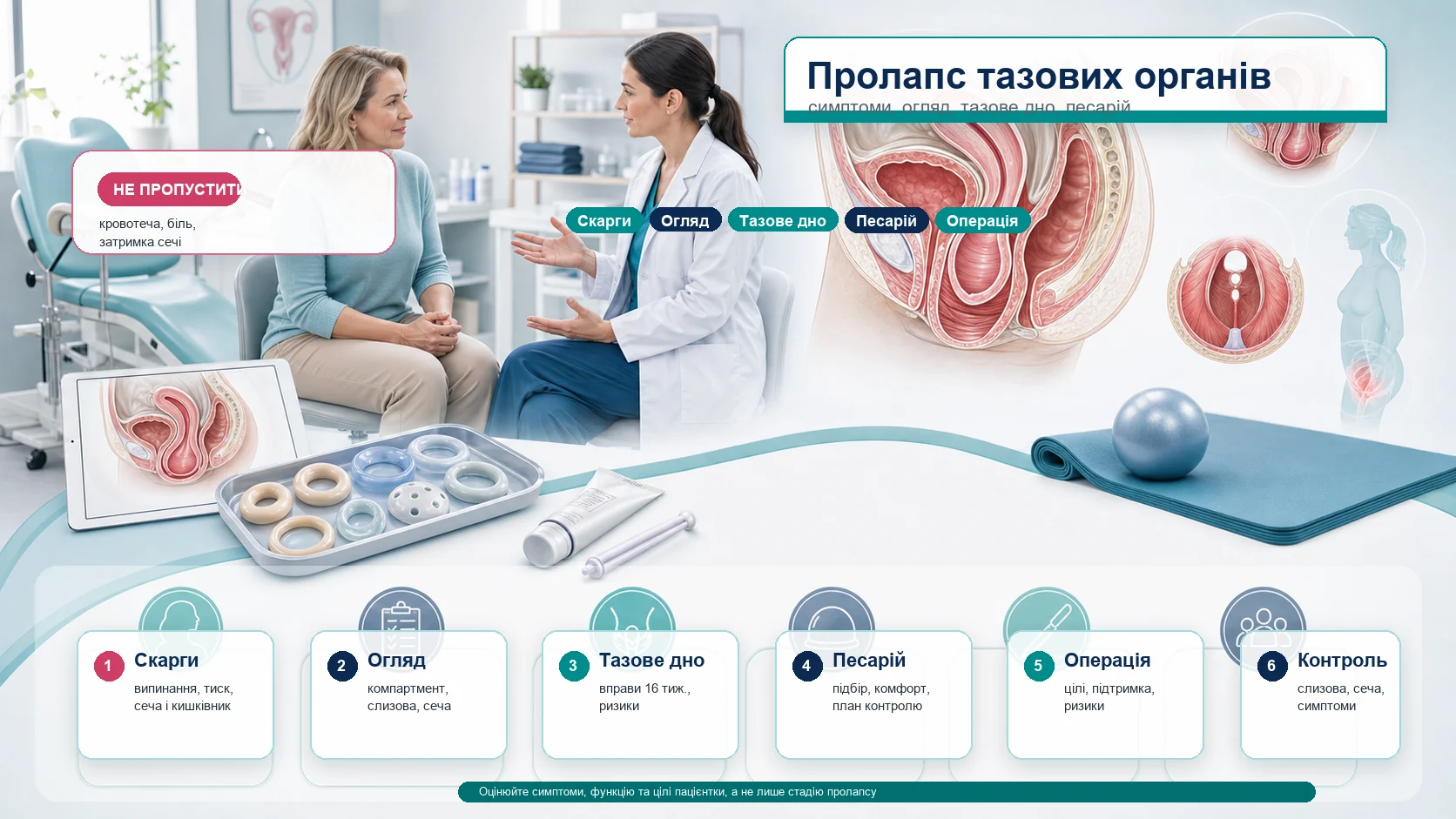 Інфографіка алгоритму пролапсу тазових органів: симптоми, кількісна оцінка пролапсу, тазове дно, тренування м’язів тазового дна, песарій, місцевий естроген, хірургічне лікування і контроль.