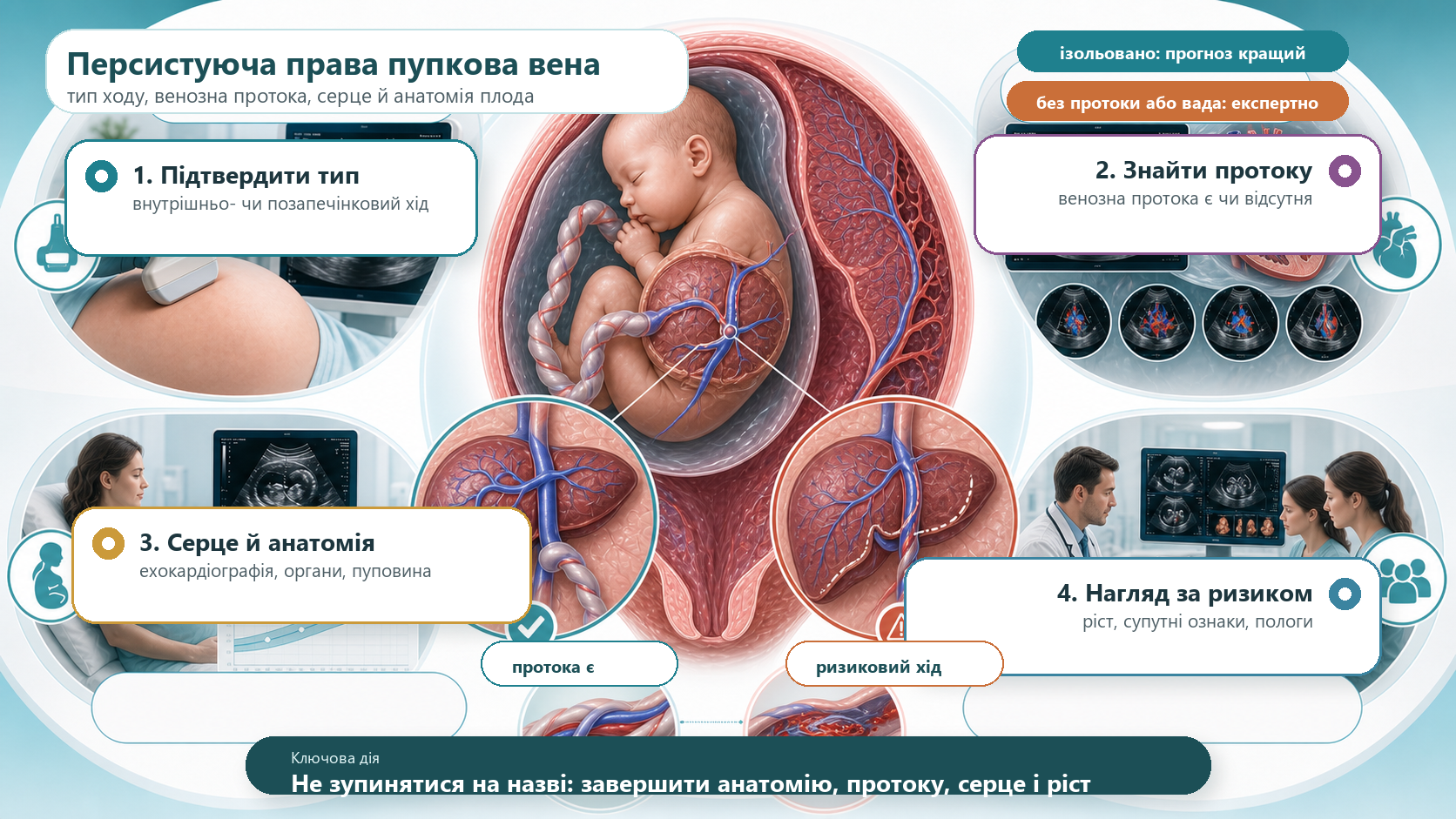 Інфографіка алгоритму персистуючої правої пупкової вени плода: вагітна матка, плід, пуповина, венозна анатомія печінки плода, внутрішньопечінковий і позапечінковий хід правої пупкової вени, венозна протока, ультразвукове дослідження, фетальна ехокардіографія, завершення анатомії, контроль росту, супутні вади і експертний маршрут за ризиком.