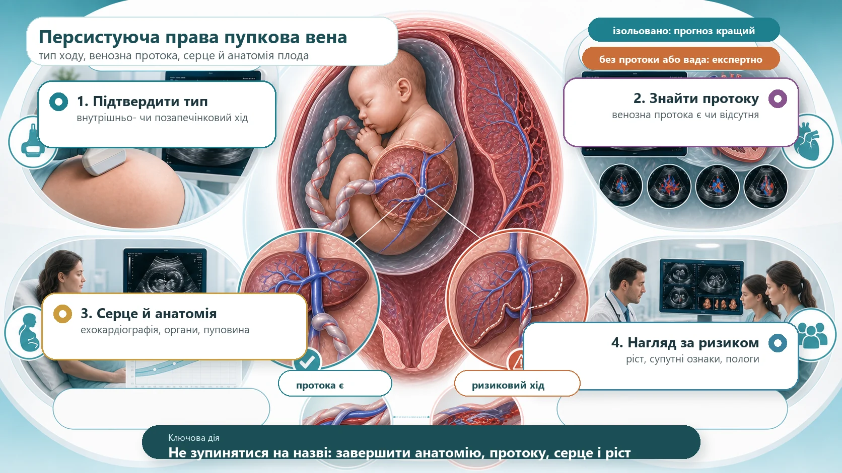Інфографіка алгоритму персистуючої правої пупкової вени плода: вагітна матка, плід, пуповина, венозна анатомія печінки плода, внутрішньопечінковий і позапечінковий хід правої пупкової вени, венозна протока, ультразвукове дослідження, фетальна ехокардіографія, завершення анатомії, контроль росту, супутні вади і експертний маршрут за ризиком.
