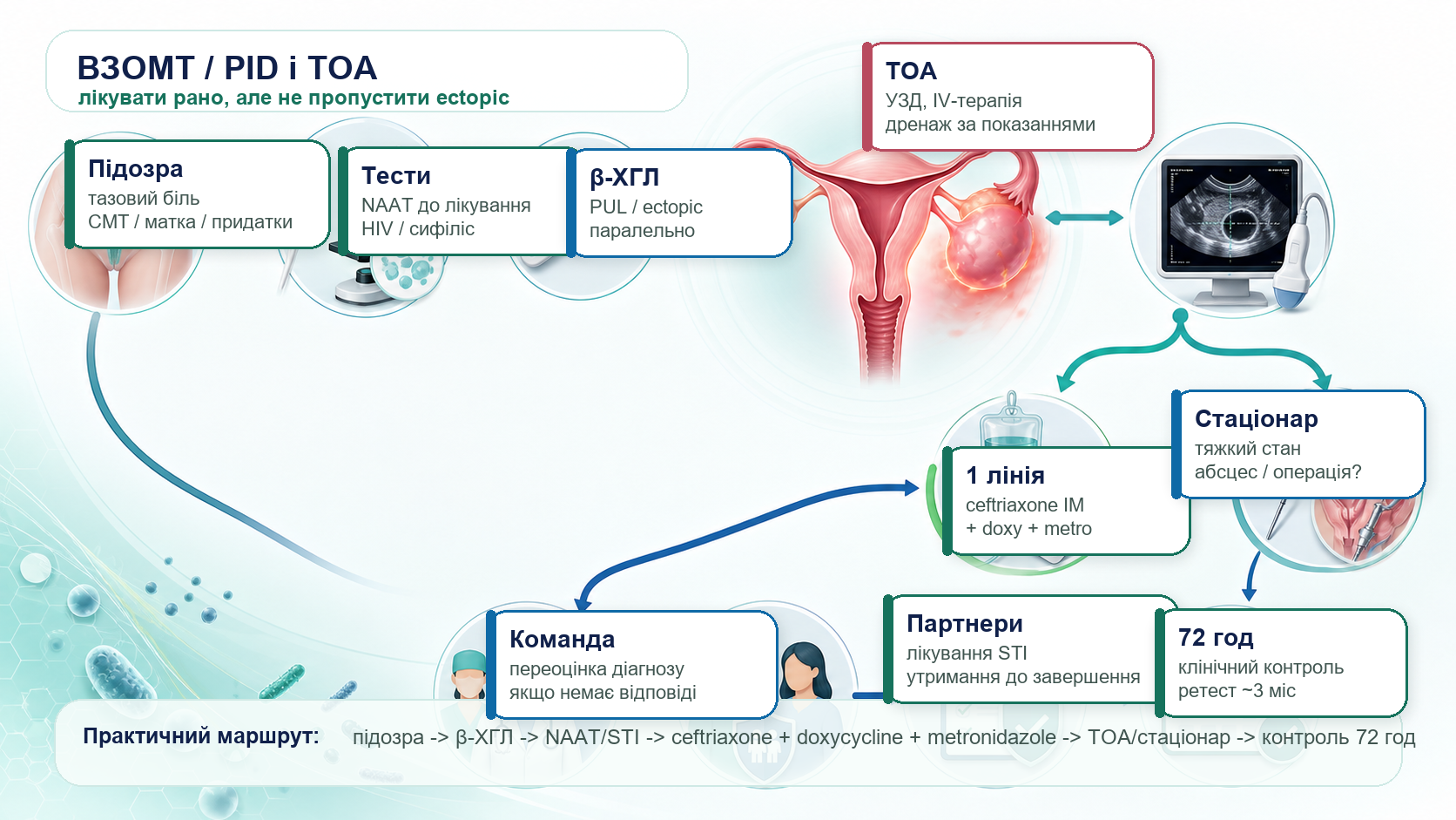 Pelvic inflammatory disease and tubo-ovarian abscess clinical pathway infographic: pelvic pain, discharge, pregnancy test, STI NAAT, empiric antibiotics, outpatient PID treatment, inpatient IV therapy, tubo-ovarian abscess imaging, drainage or surgery, partner treatment and 72-hour follow-up.