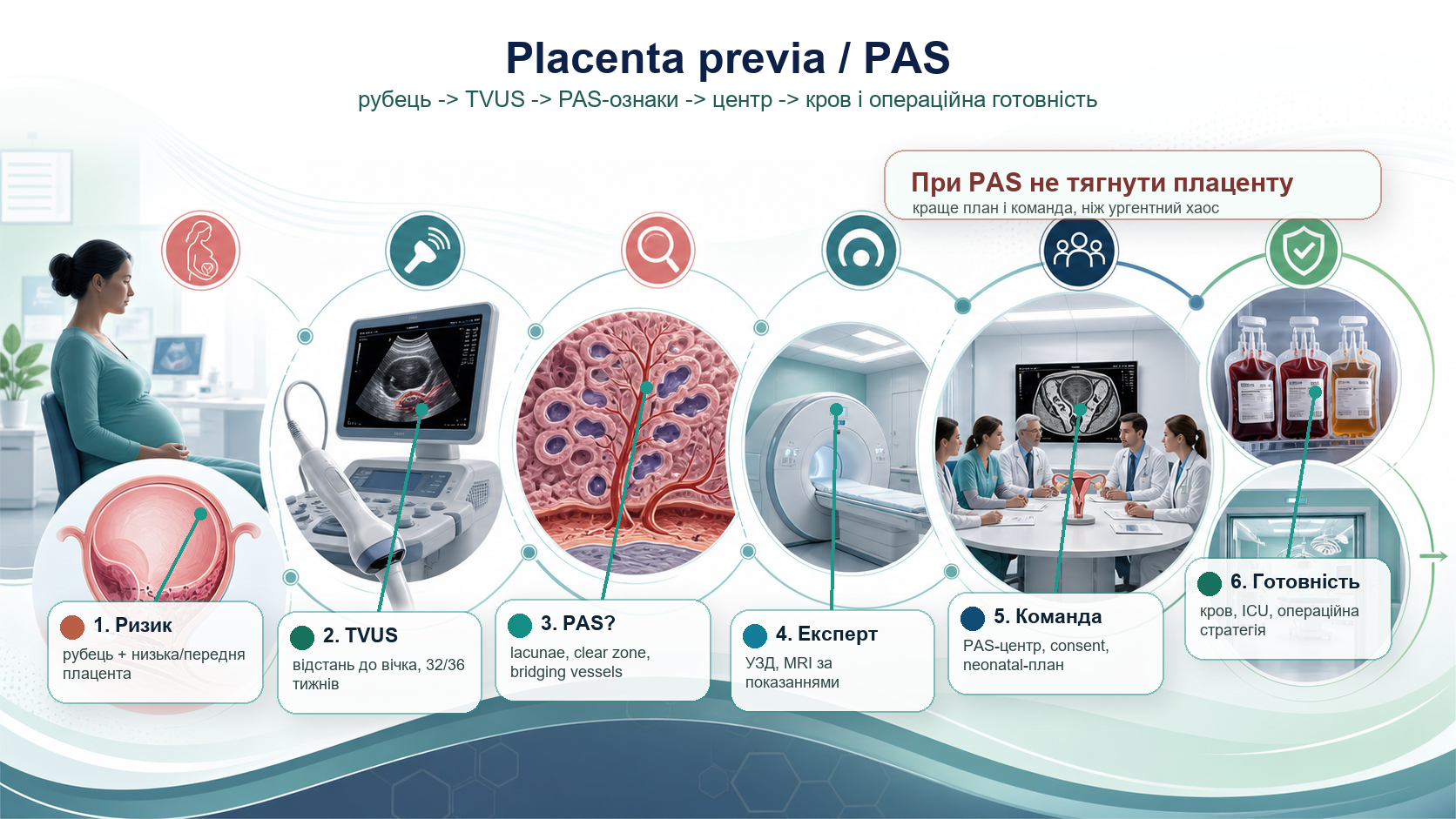 Placenta previa and placenta accreta spectrum clinical pathway infographic: low-lying placenta, prior cesarean scar, transvaginal ultrasound, PAS signs, expert referral, MRI, bleeding triage, multidisciplinary delivery planning, blood products and cesarean hysterectomy readiness.