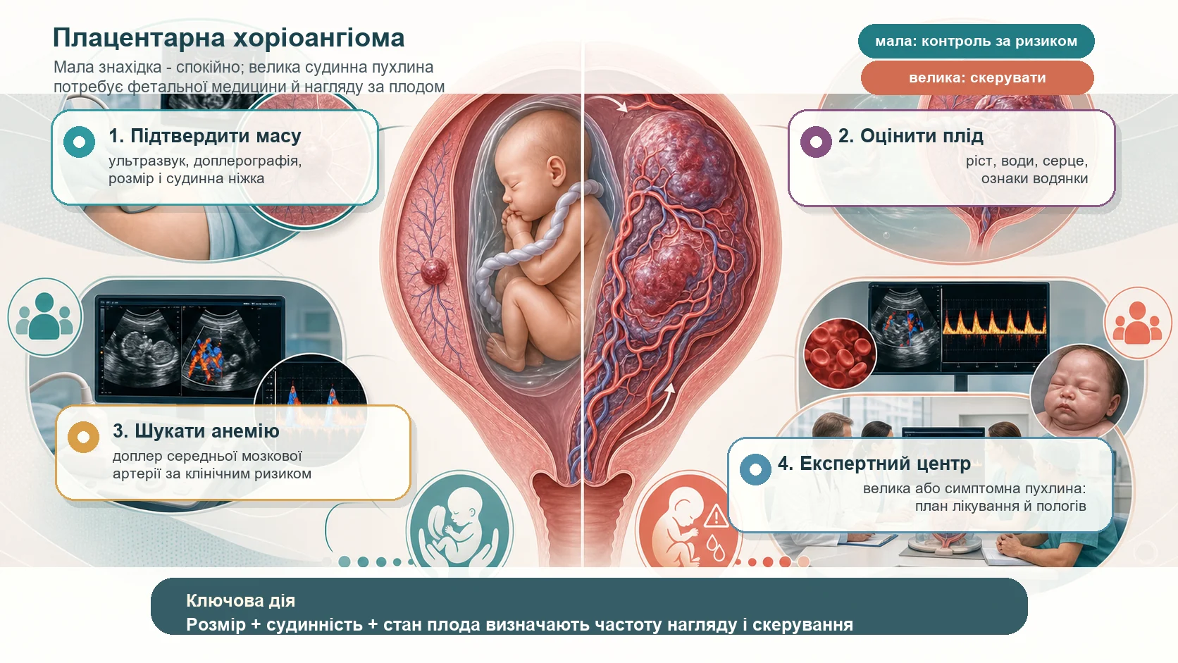 Інфографіка алгоритму плацентарної хоріоангіоми: мала судинна пухлина плаценти, велика васкуляризована маса, ультразвукове дослідження, кольорова доплерографія, контроль росту плода, кількість навколоплідних вод, доплер середньої мозкової артерії, ознаки анемії або водянки, експертний центр і план пологів.