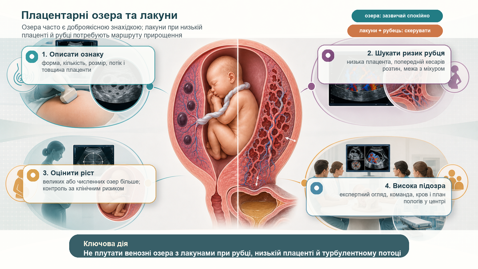 Інфографіка алгоритму плацентарних озер та лакун: округлі венозні озера, нерівні лакуни, низька плацента, рубець на матці, ультразвукове дослідження, кольорова доплерографія, контроль росту плода, експертне скерування і план пологів у центрі при високій підозрі.