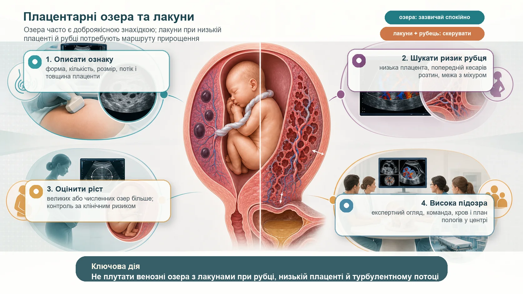 Інфографіка алгоритму плацентарних озер та лакун: округлі венозні озера, нерівні лакуни, низька плацента, рубець на матці, ультразвукове дослідження, кольорова доплерографія, контроль росту плода, експертне скерування і план пологів у центрі при високій підозрі.