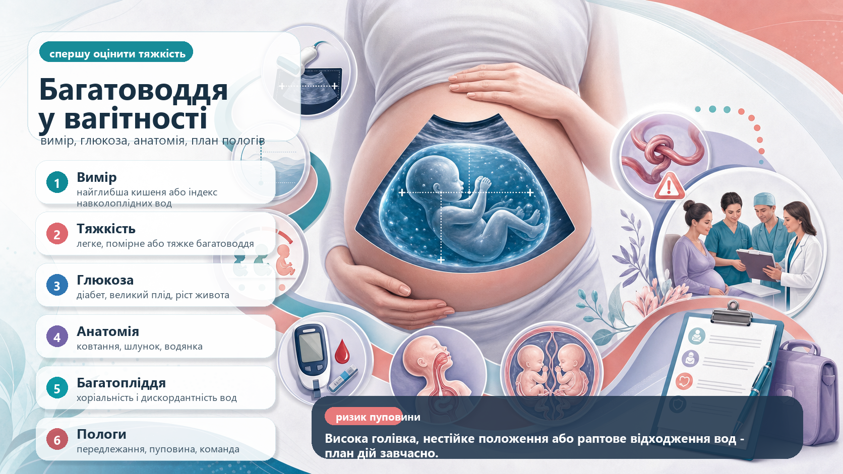 Інфографіка алгоритму багатоводдя у вагітності: підтвердити найглибшу вертикальну кишеню або індекс навколоплідних вод, оцінити тяжкість, перевірити глюкозу і діабет, анатомію плода, багатопліддя, ризик випадіння пуповини, моніторинг і план пологів.