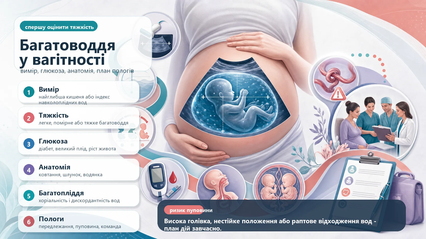 Інфографіка алгоритму багатоводдя у вагітності: підтвердити найглибшу вертикальну кишеню або індекс навколоплідних вод, оцінити тяжкість, перевірити глюкозу і діабет, анатомію плода, багатопліддя, ризик випадіння пуповини, моніторинг і план пологів.
