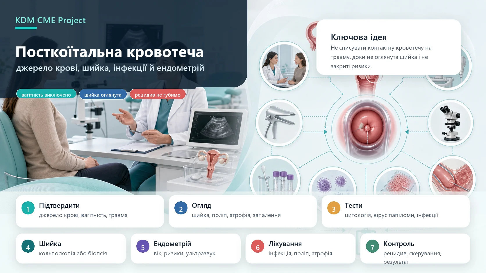 Інфографіка алгоритму посткоїтальної кровотечі: підтвердити джерело крові, виключити вагітність і кровотечу після менопаузи, оглянути шийку матки, оцінити ІПСШ, ендометрій, кольпоскопію, біопсію і контроль.