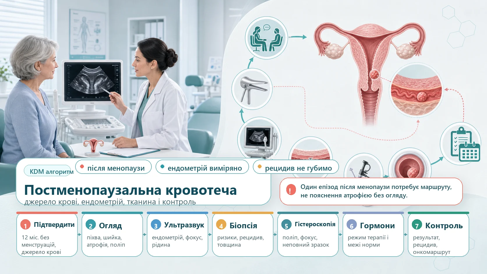 Інфографіка алгоритму постменопаузальної кровотечі: підтвердити джерело крові, оцінити менопаузальну гормональну терапію, виконати трансвагінальне УЗД, біопсію, гістероскопію, онкомаршрут і контроль при рецидиві.