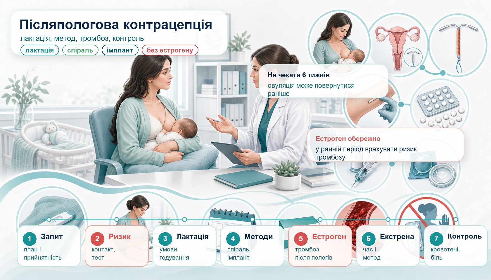 Медична інфографіка алгоритму післяпологової контрацепції і лактації: післяпологова консультація з немовлям, грудне вигодовування, репродуктивний план, внутрішньоматкова спіраль, імплант, прогестинові методи, бар’єрний метод, екстрена контрацепція, обережність з естрогеном, ризик тромбозу і контроль.